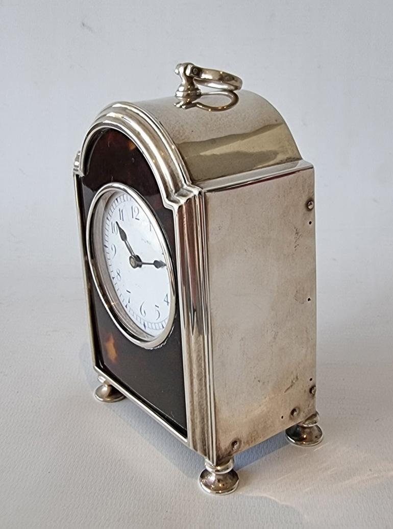 Early 20th Century English Silver & Tortoiseshell Carriage Clock in Form of Bracket Clock For Sale