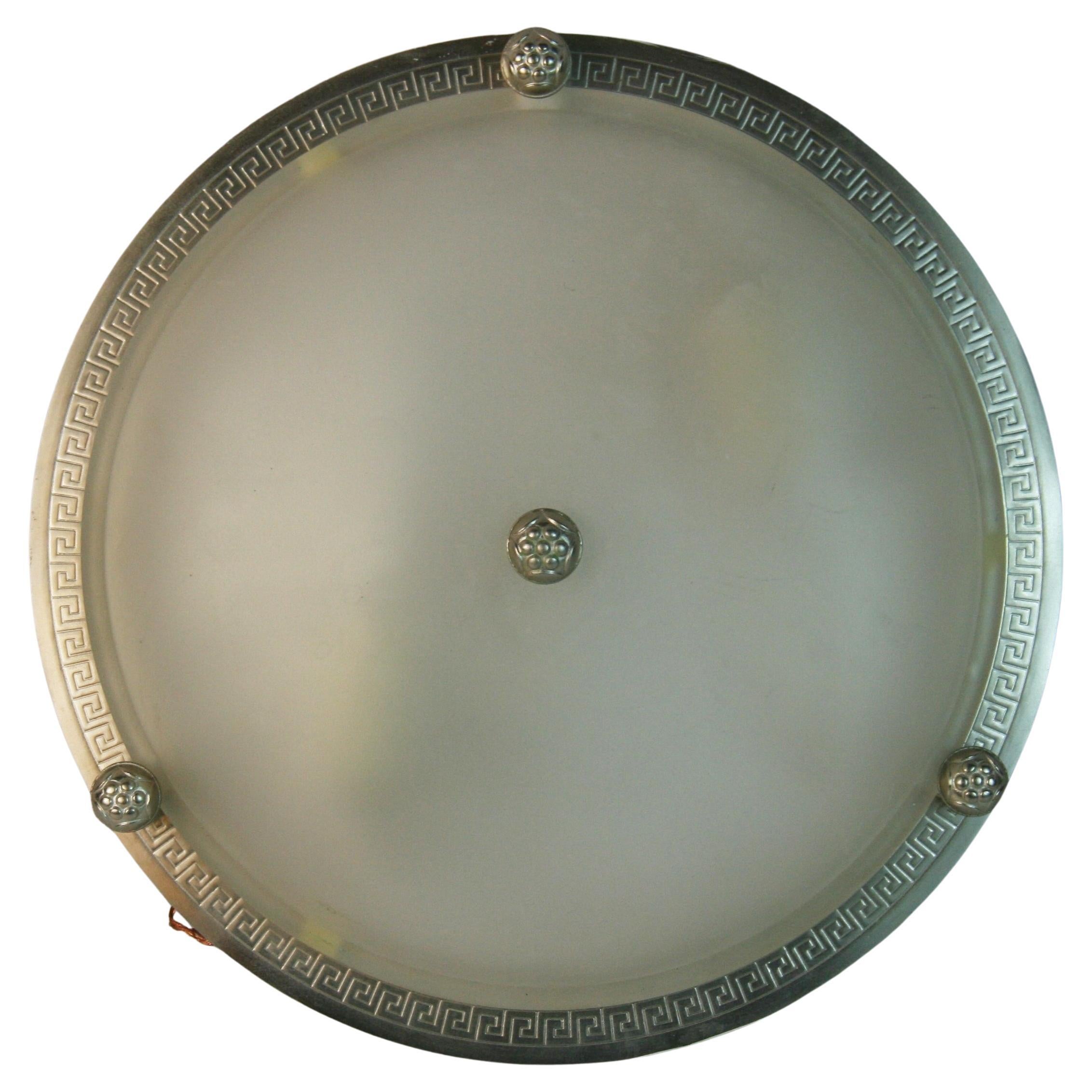 English Silvered And Frosted Glass Flushmount with Greek Key Border 4 available