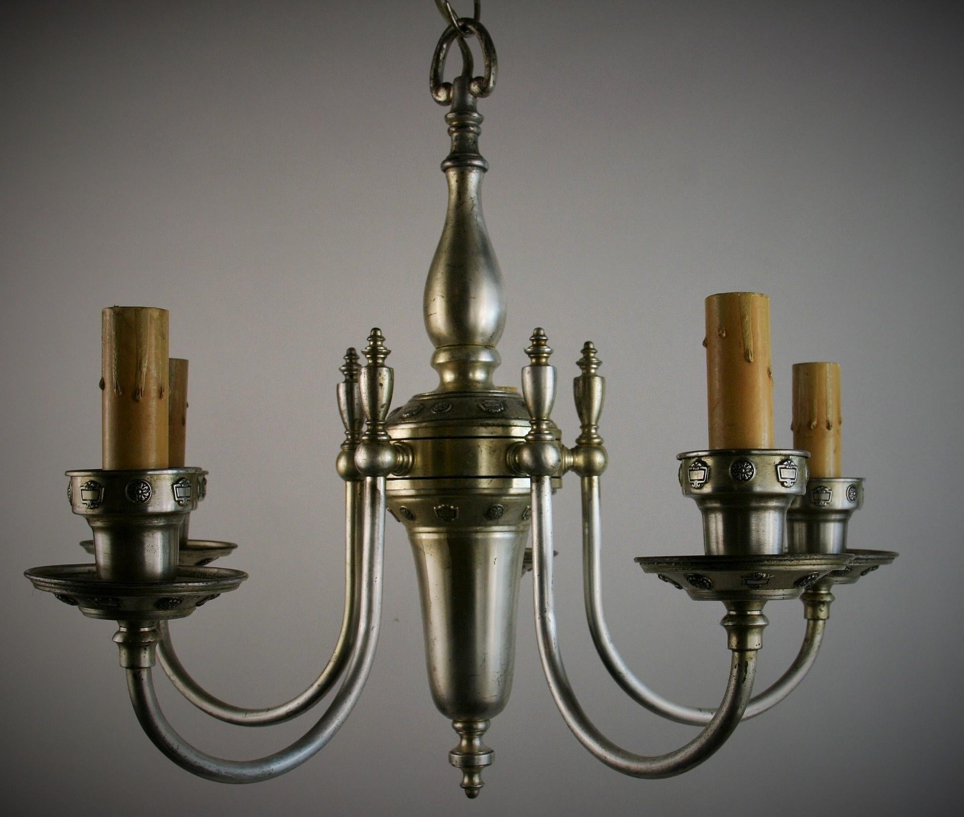 English Silvered Brass  5-Light Chandelier, circa 1920 In Good Condition For Sale In Douglas Manor, NY
