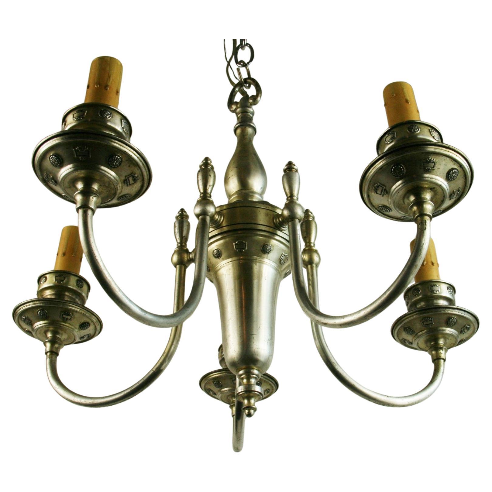 English Silvered Brass  5-Light Chandelier, circa 1920 For Sale