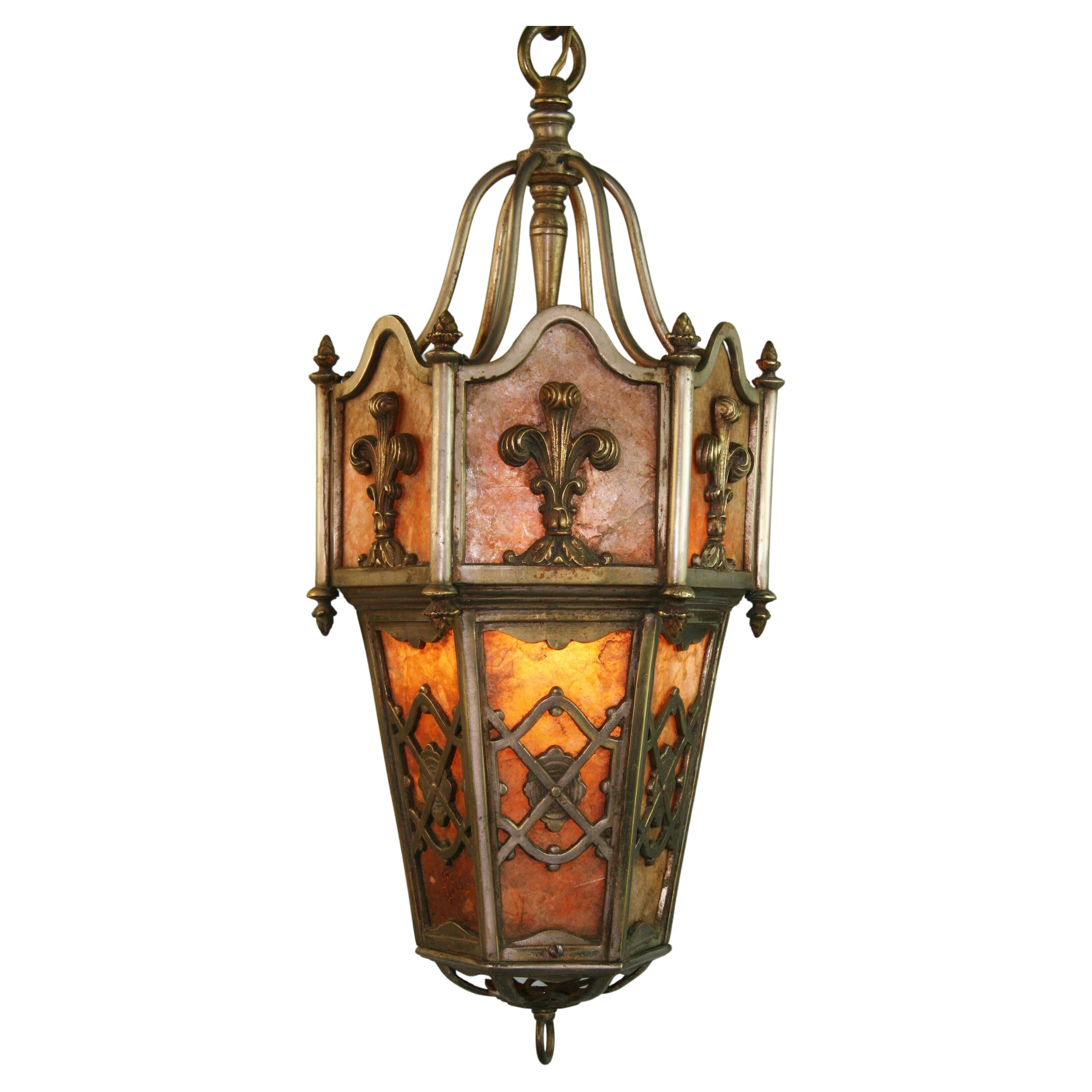English Silvered Bronze Lantern with Mica Panels 1920's