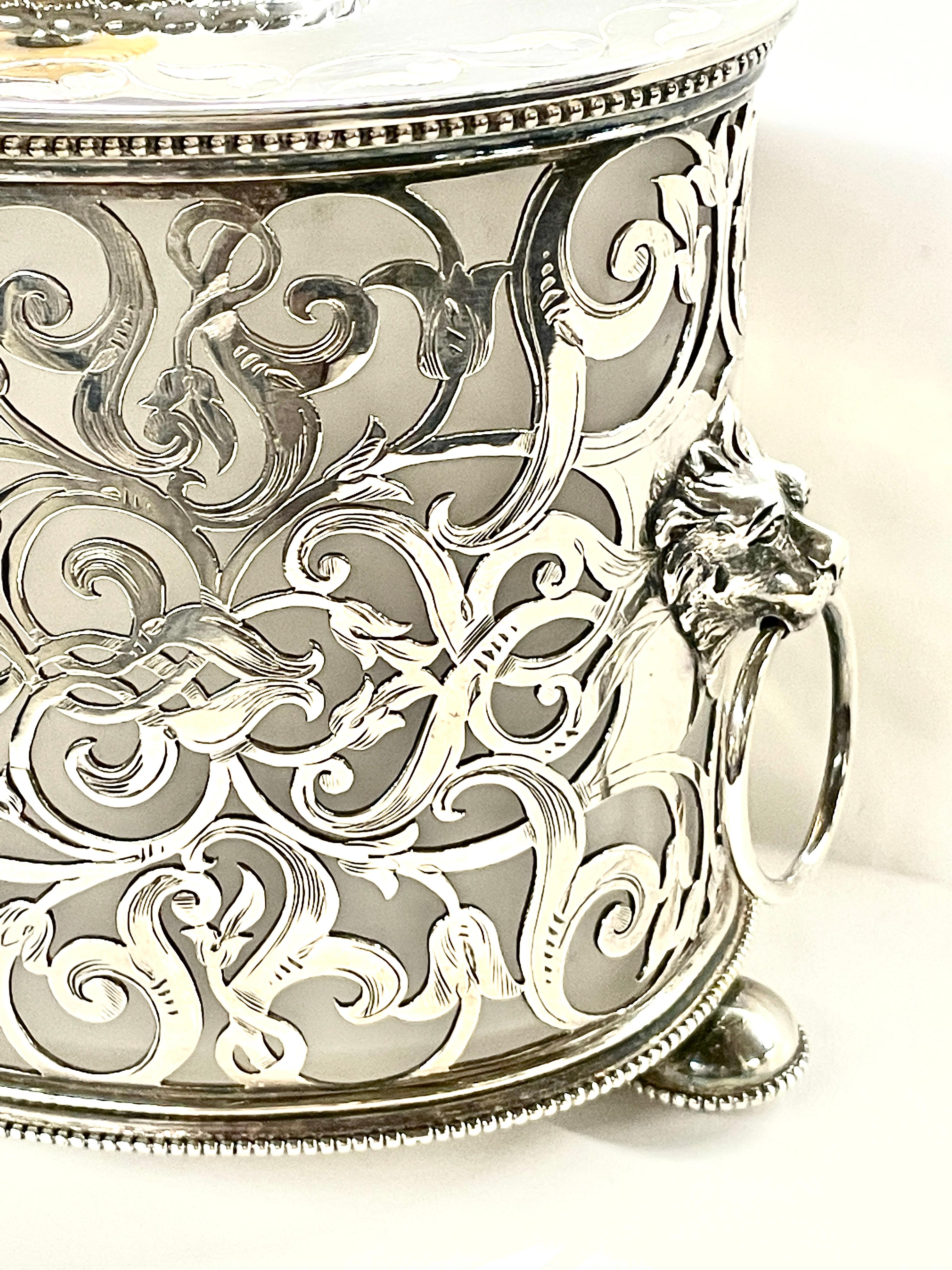 English Silverplate & Crystal Regency Style Pierced & Engraved Oval Biscuit Box 5