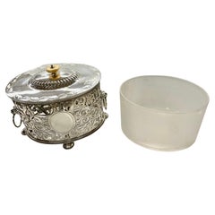 English Silverplate & Crystal Regency Style Pierced & Engraved Oval Biscuit Box
