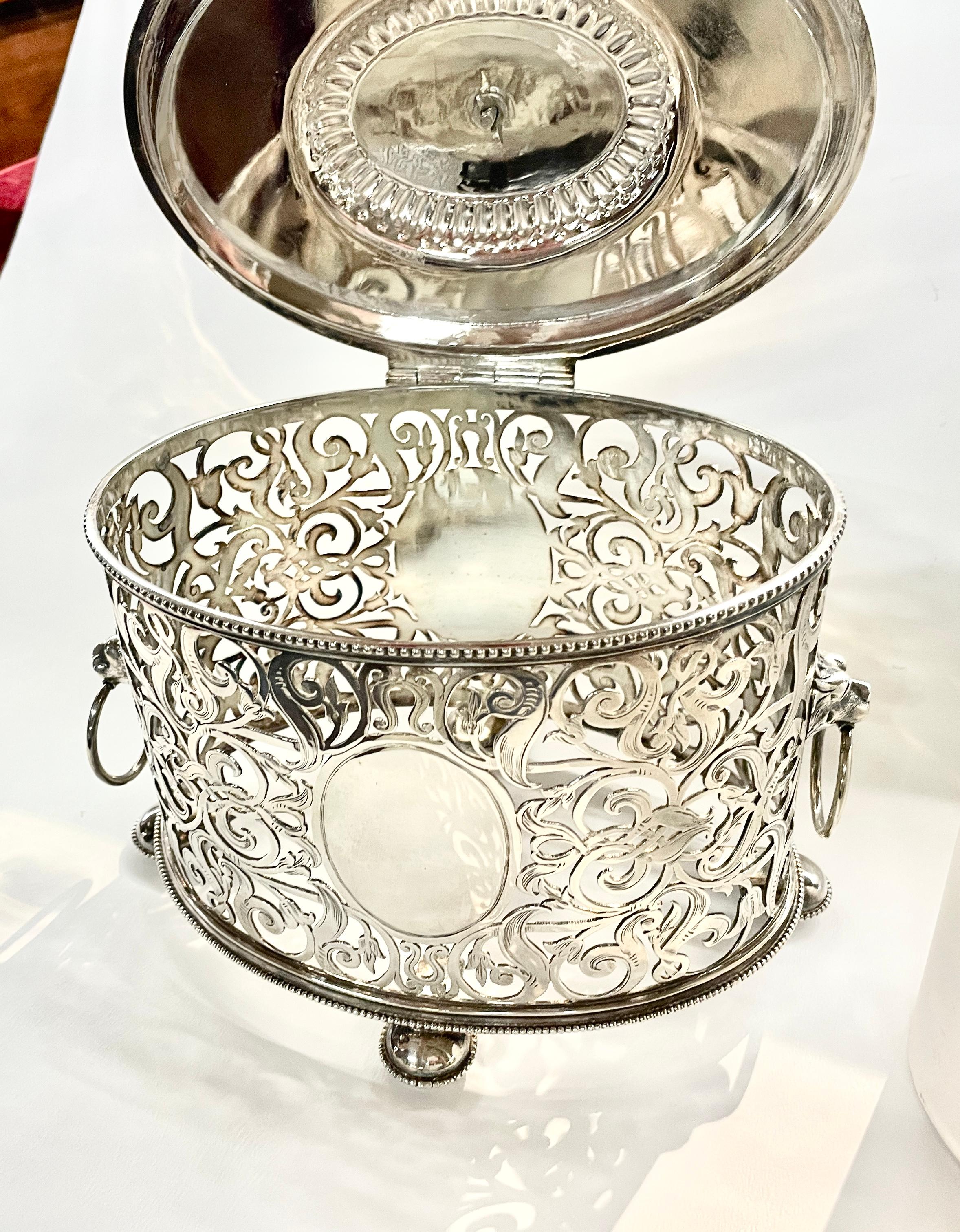 Hand-Crafted English Silverplate & Crystal Regency Style Pierced & Engraved Oval Biscuit Box