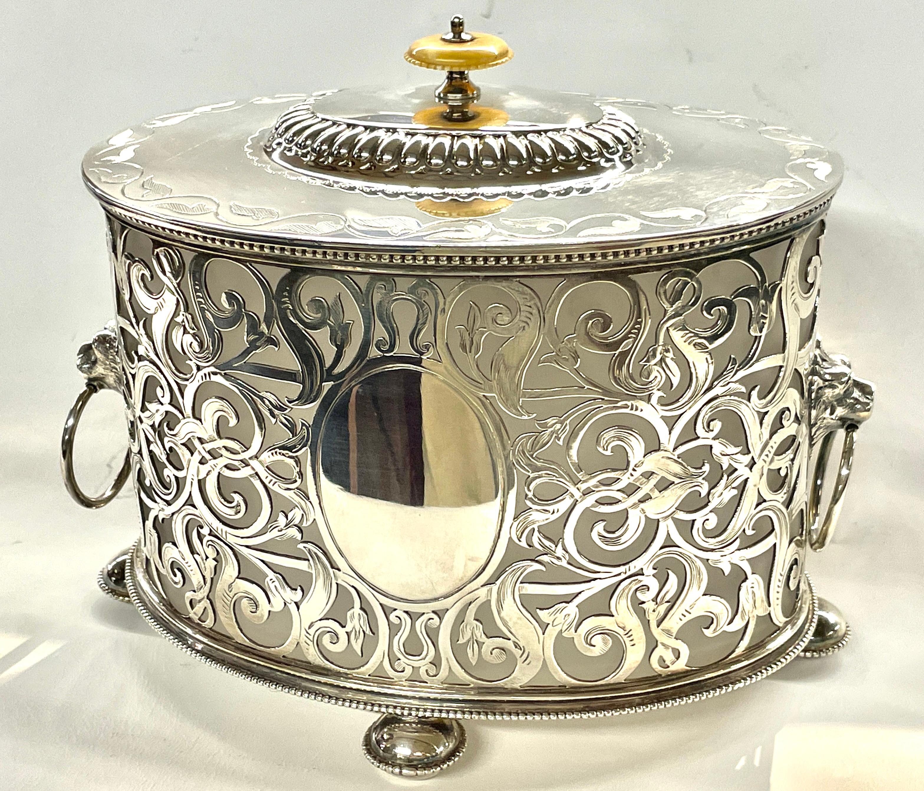 19th Century English Silverplate & Crystal Regency Style Pierced & Engraved Oval Biscuit Box