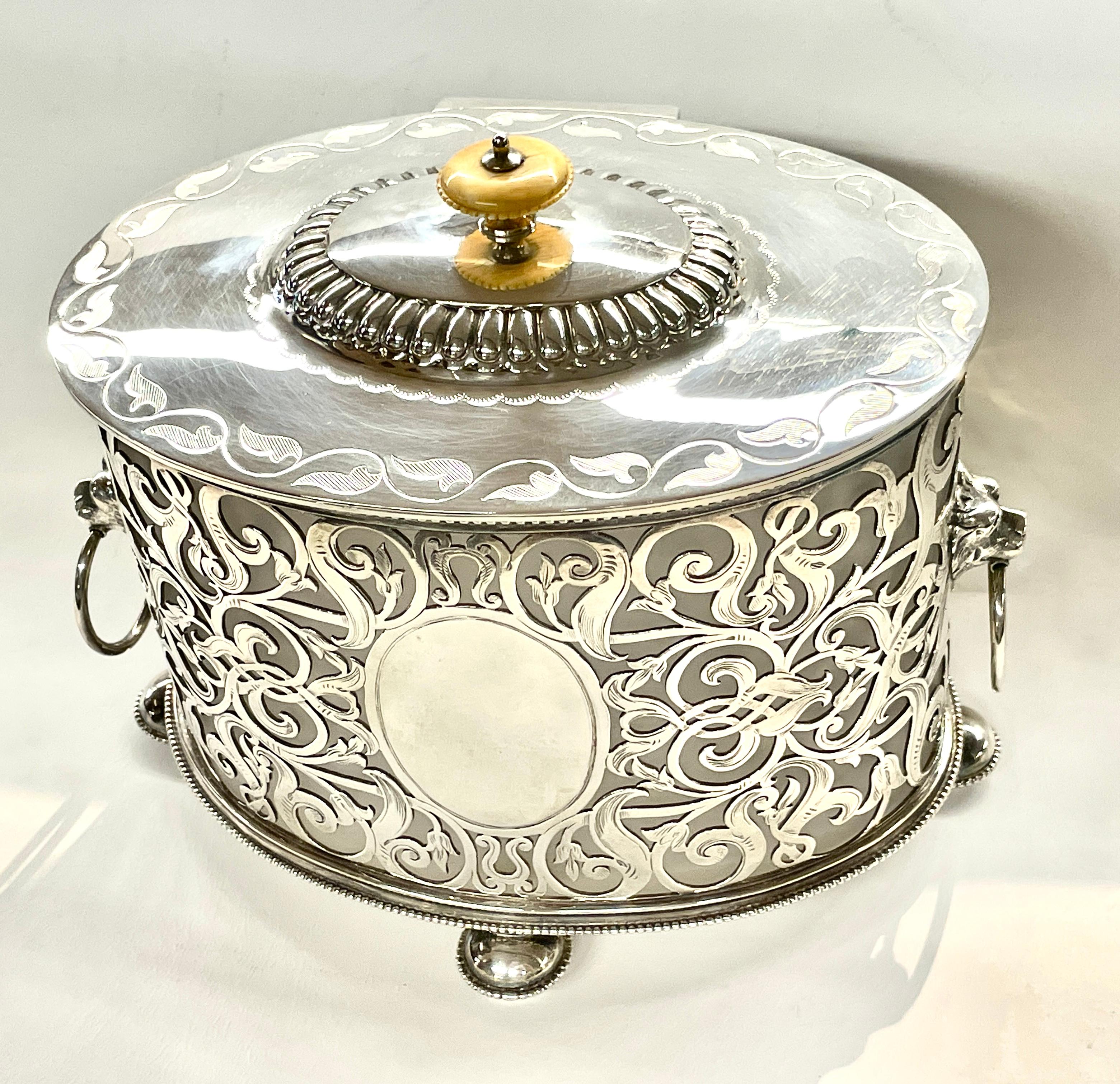 Glass English Silverplate & Crystal Regency Style Pierced & Engraved Oval Biscuit Box