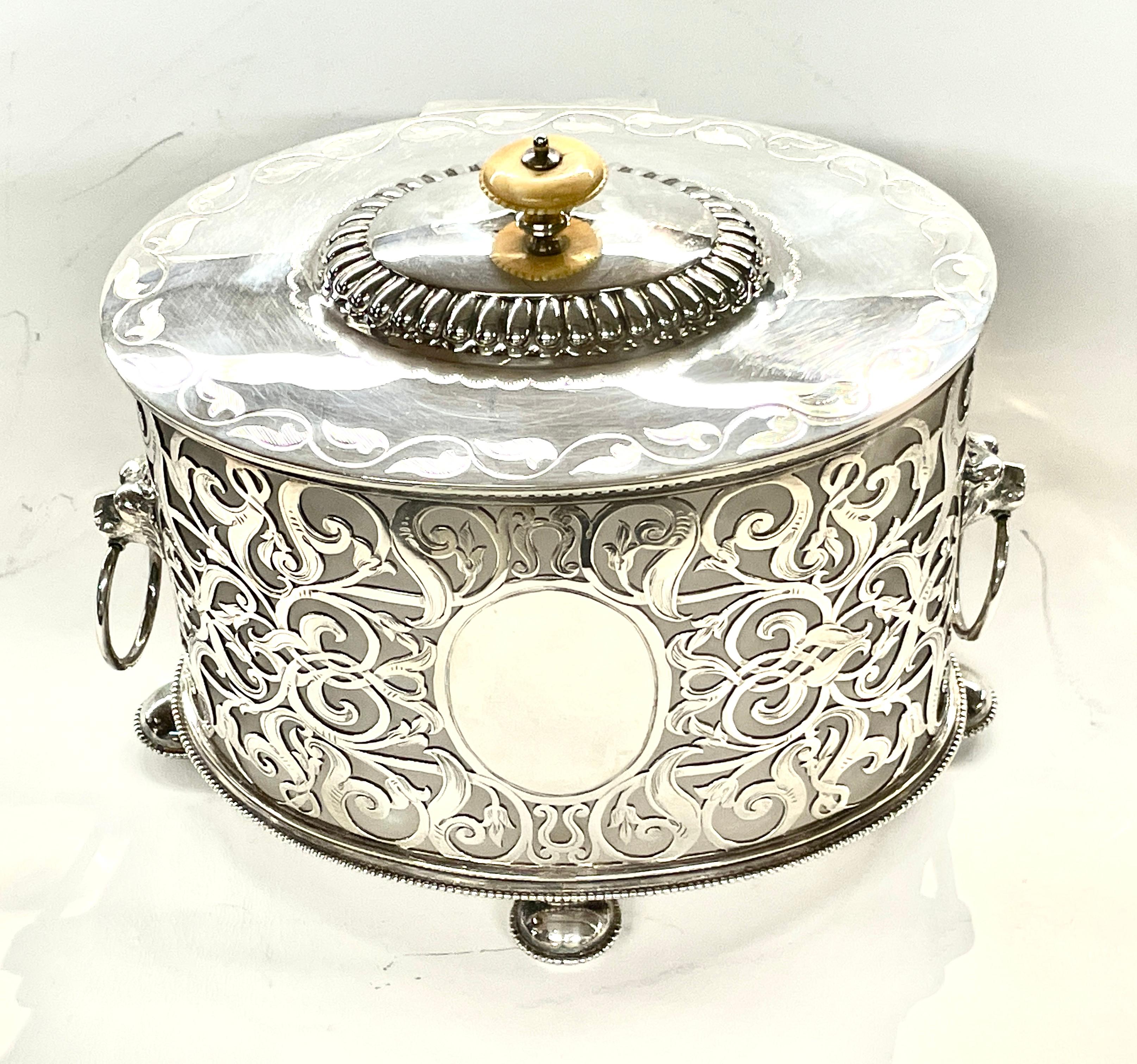 English Silverplate & Crystal Regency Style Pierced & Engraved Oval Biscuit Box 1