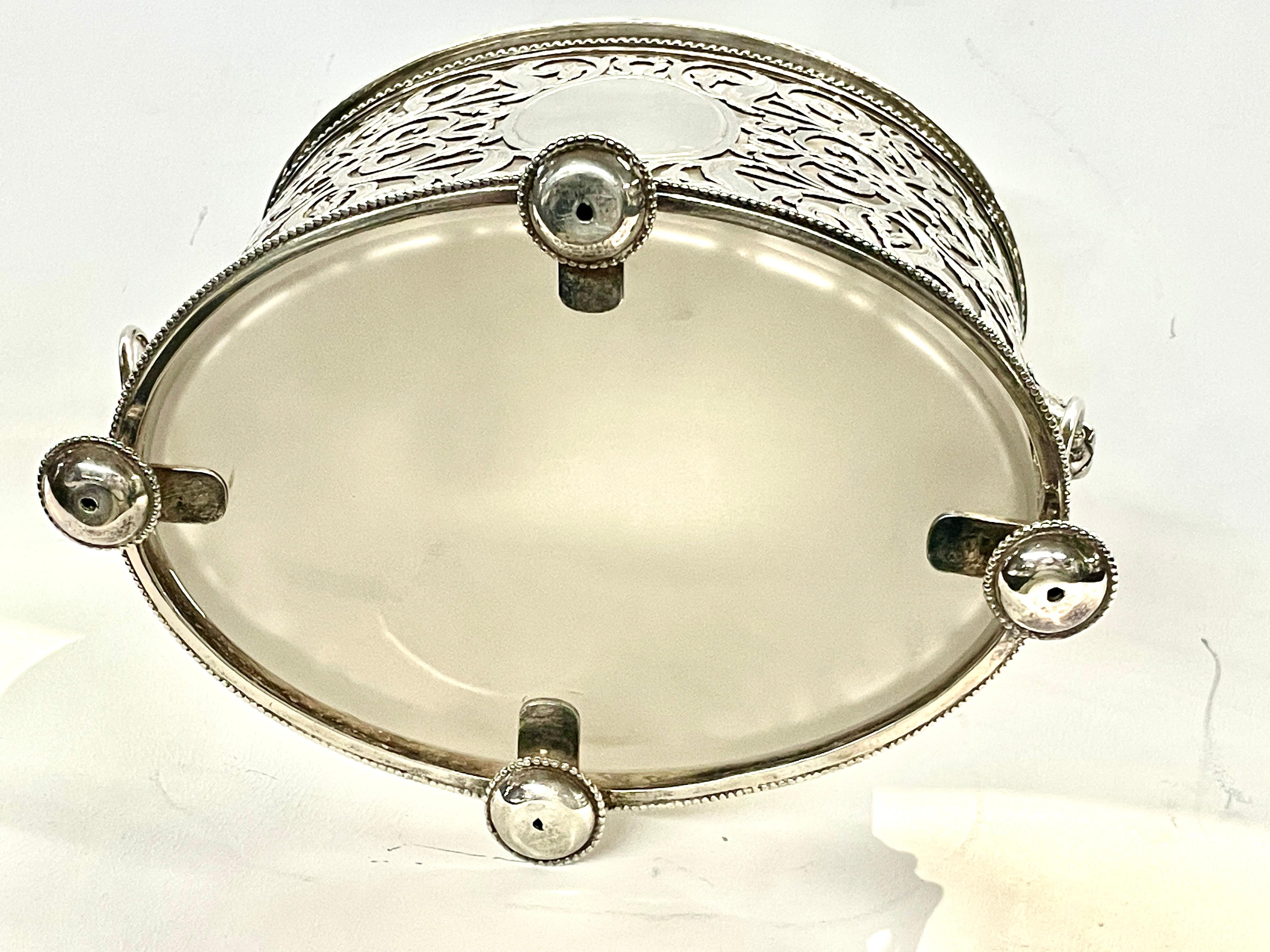 English Silverplate & Crystal Regency Style Pierced & Engraved Oval Biscuit Box 3