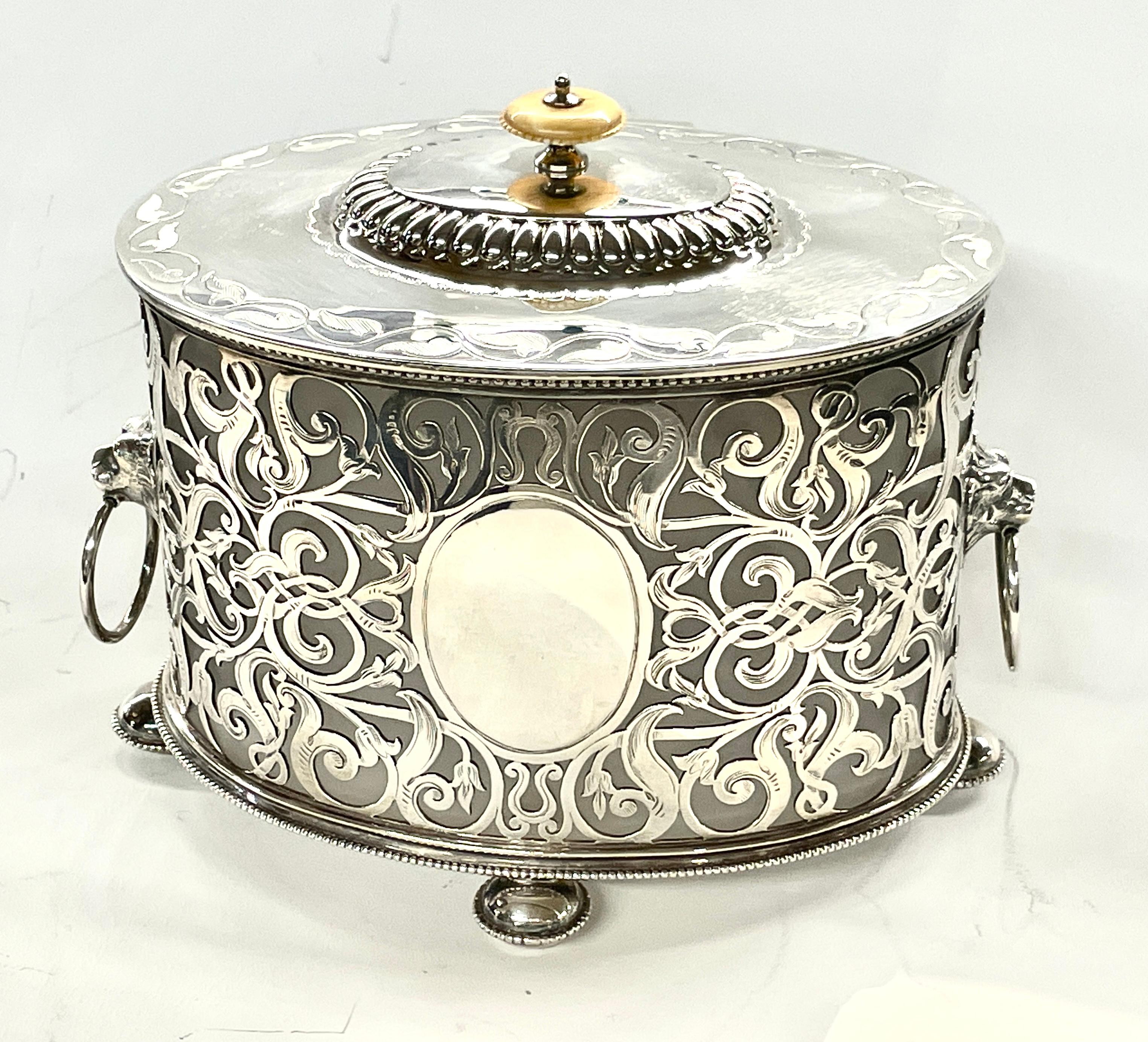 English Silverplate & Crystal Regency Style Pierced & Engraved Oval Biscuit Box