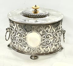  English Silverplate & Crystal Regency Style Pierced & Engraved Oval Biscuit Box