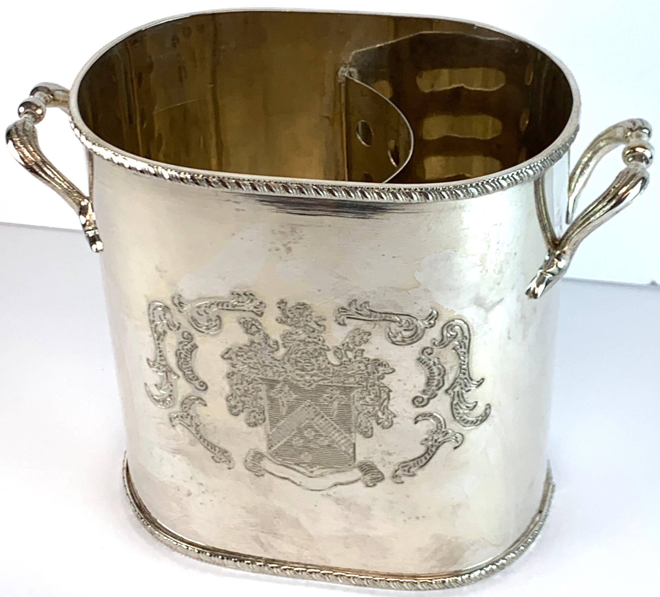 English Silver Plated Armorial Oval Wine Cooler, with Interior Caddy 6
