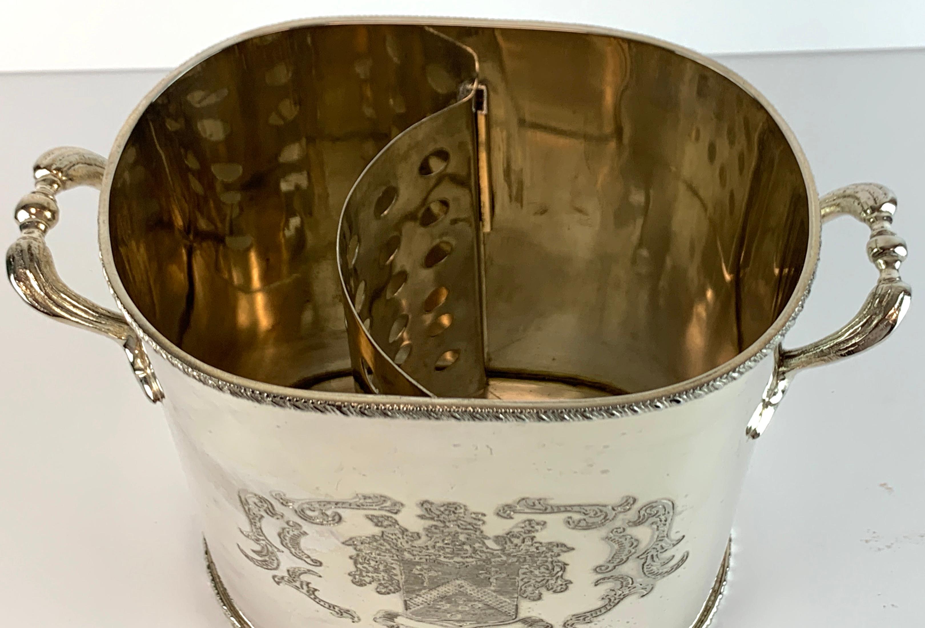 Georgian English Silver Plated Armorial Oval Wine Cooler, with Interior Caddy