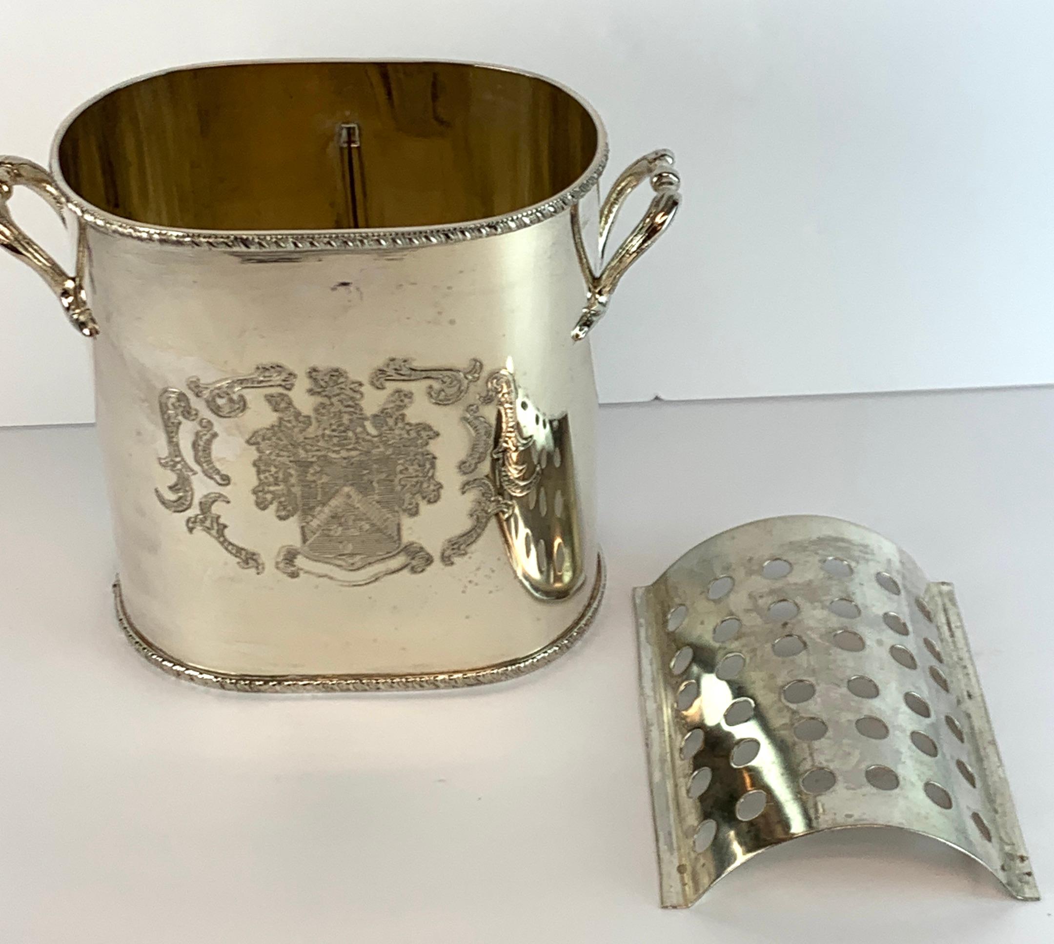 20th Century English Silver Plated Armorial Oval Wine Cooler, with Interior Caddy