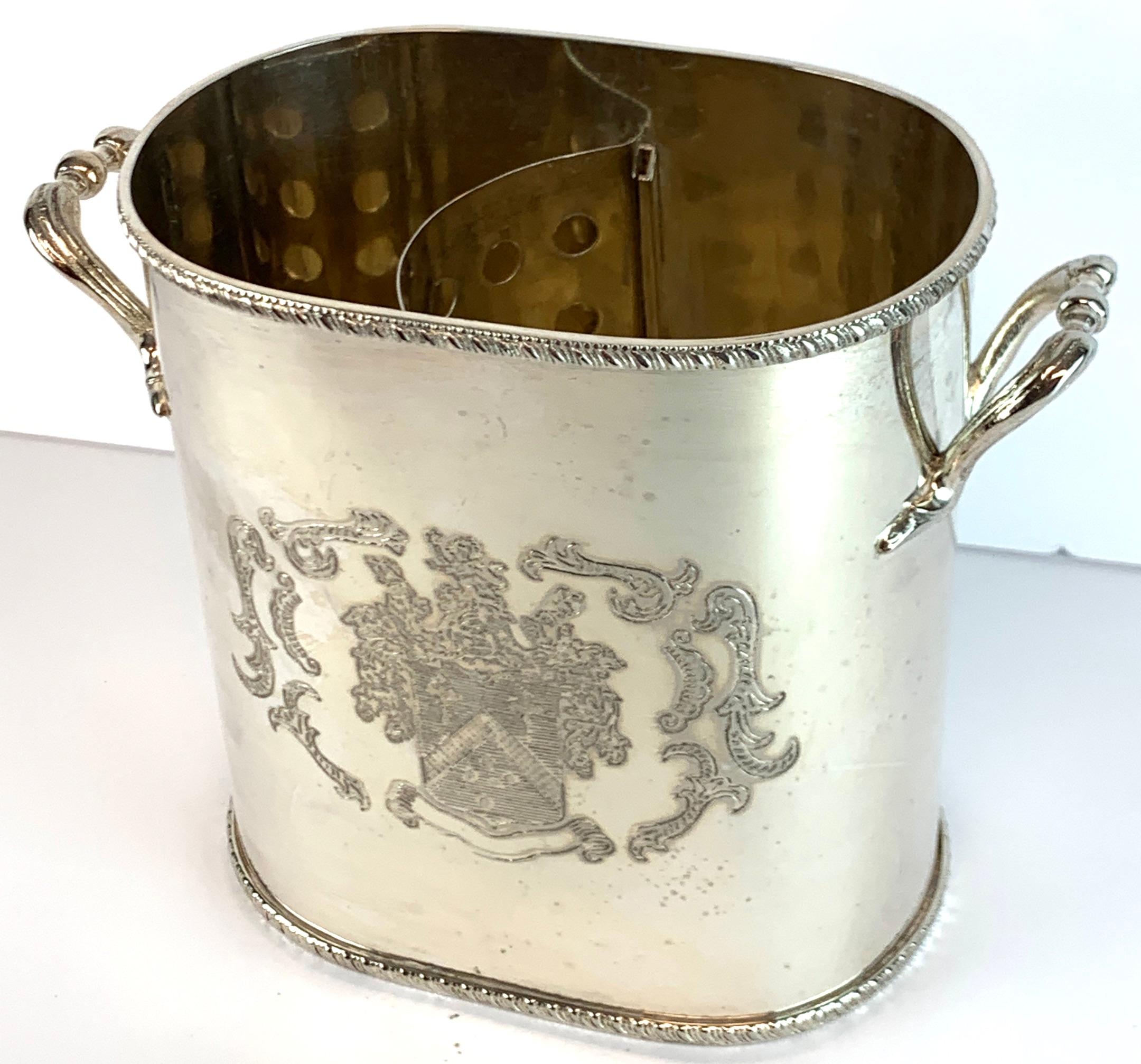 English Silver Plated Armorial Oval Wine Cooler, with Interior Caddy 3