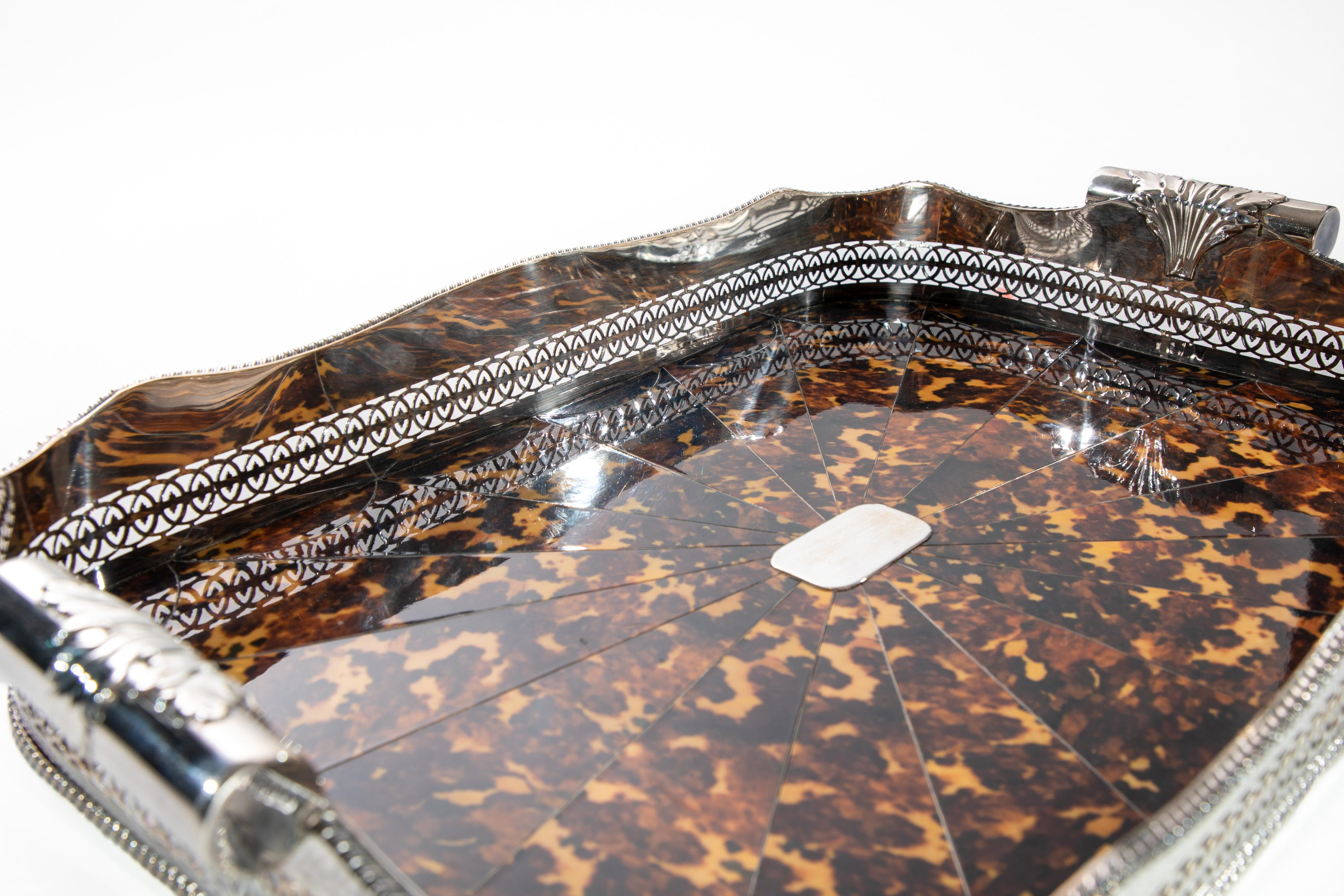 Antique English silverplated faux tortoise serving tray.