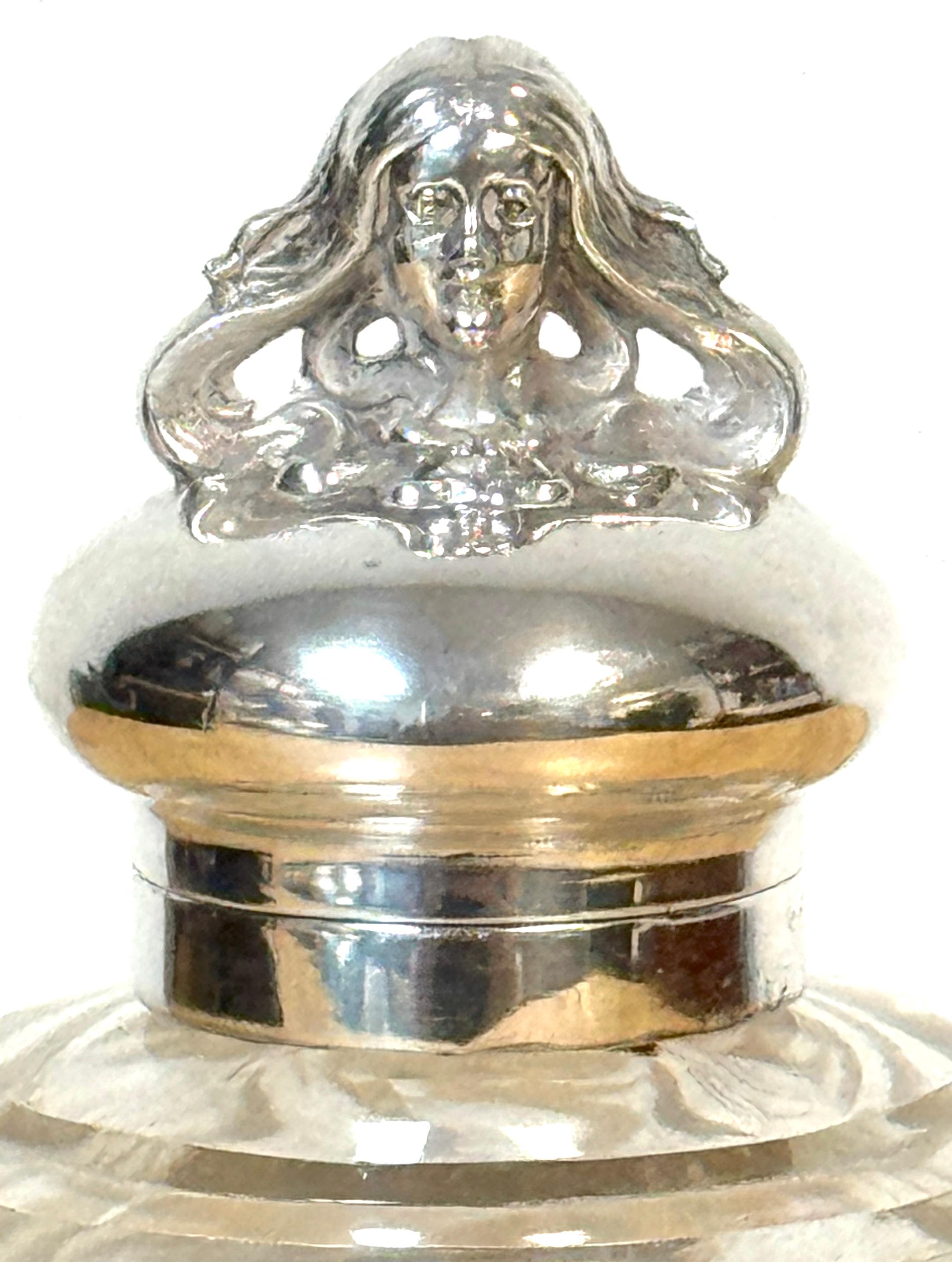 Cast English Silverplated Figural Nymph & Cut Glass Perfume Bottle, Circa 1905 For Sale
