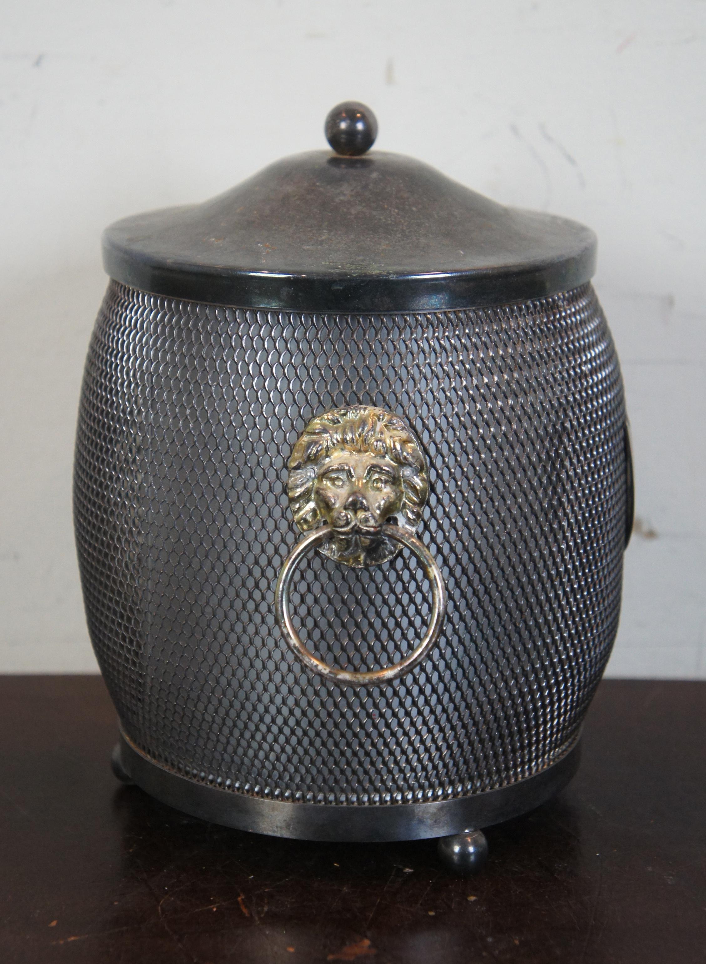 Boîte à thé en métal argenté anglais avec bouclier en forme de tête de lion et seau à glace en biscuit en vente 1