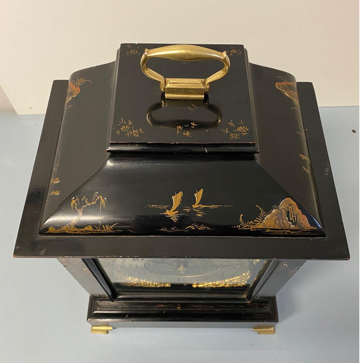 George III Black Chinoiserie Bracket Clock with Fusee Movement, English, circa 1880 For Sale