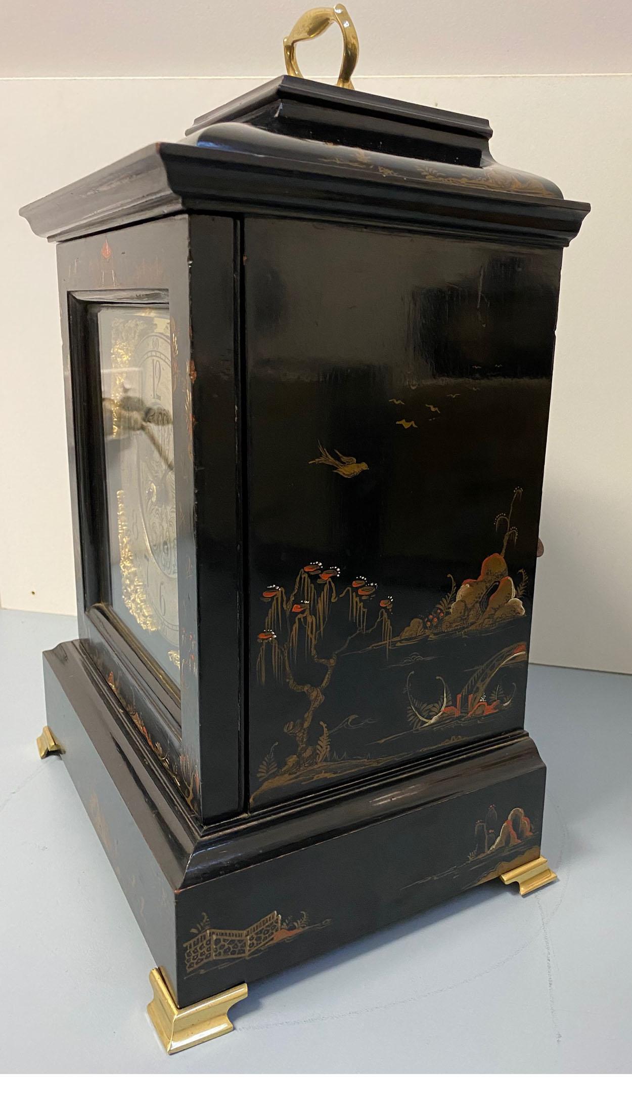 Black Chinoiserie Bracket Clock with Fusee Movement, English, circa 1880 In Good Condition For Sale In Melbourne, Victoria