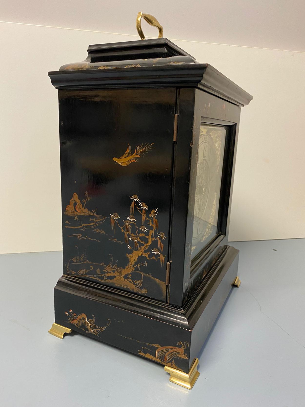 19th Century Black Chinoiserie Bracket Clock with Fusee Movement, English, circa 1880 For Sale