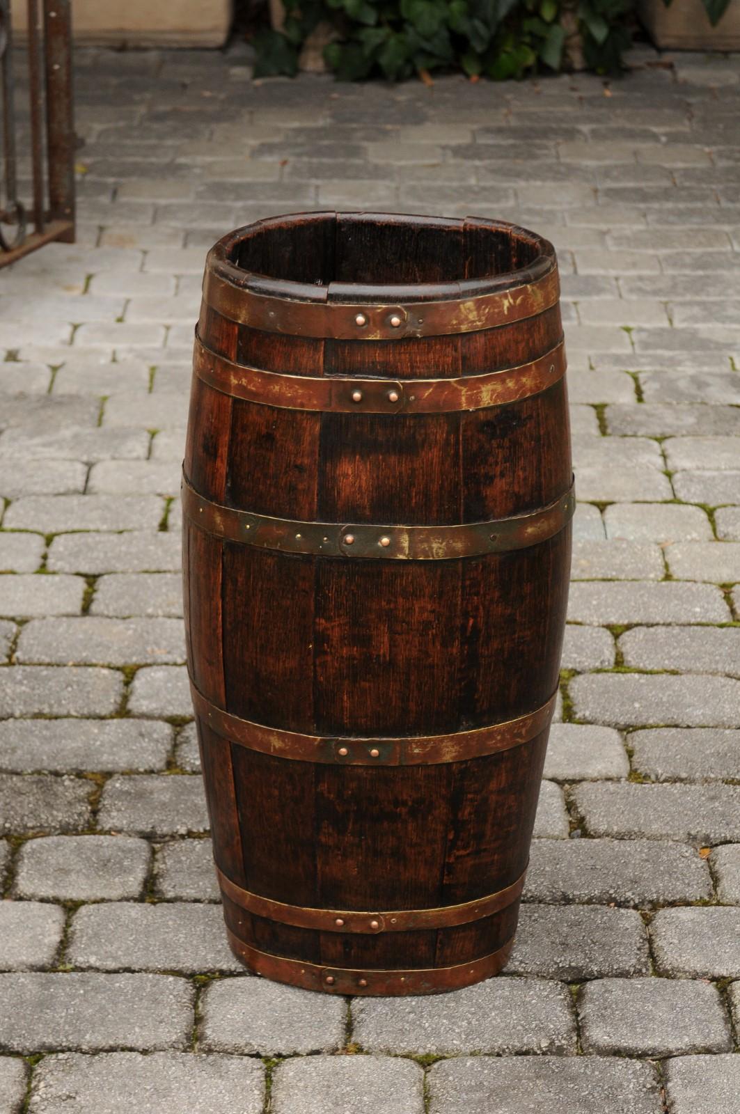 English Slender Rustic Oak Barrel with Brass Braces from the Turn of the Century 6