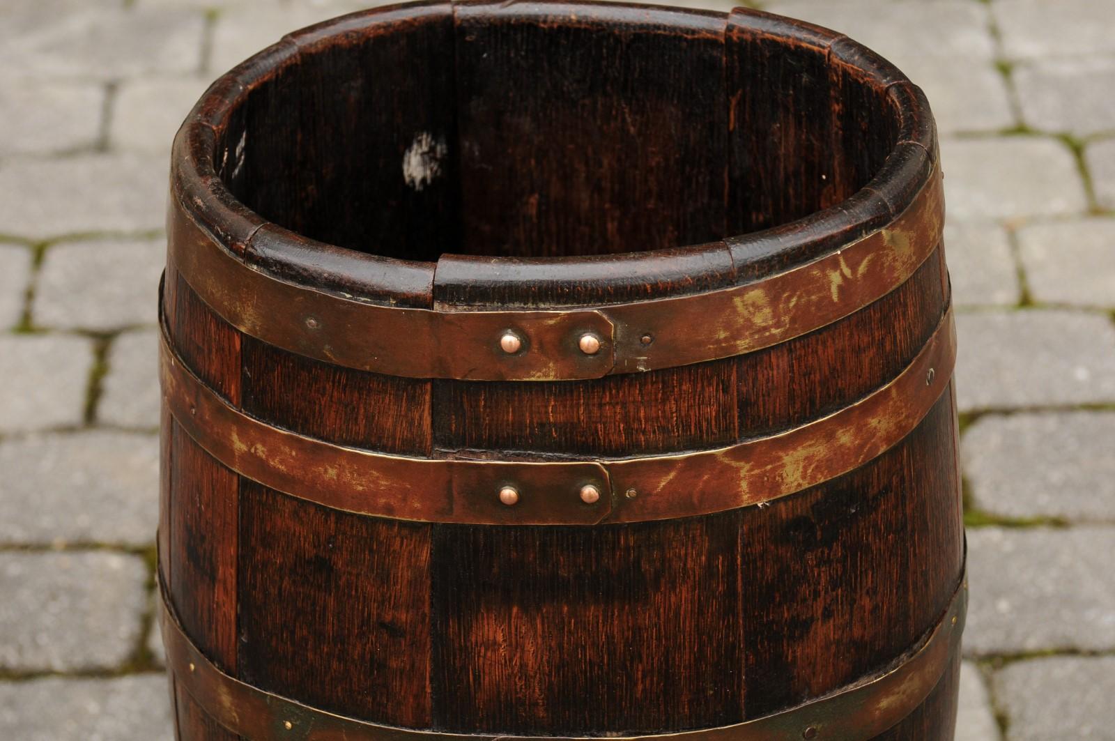English Slender Rustic Oak Barrel with Brass Braces from the Turn of the Century 7