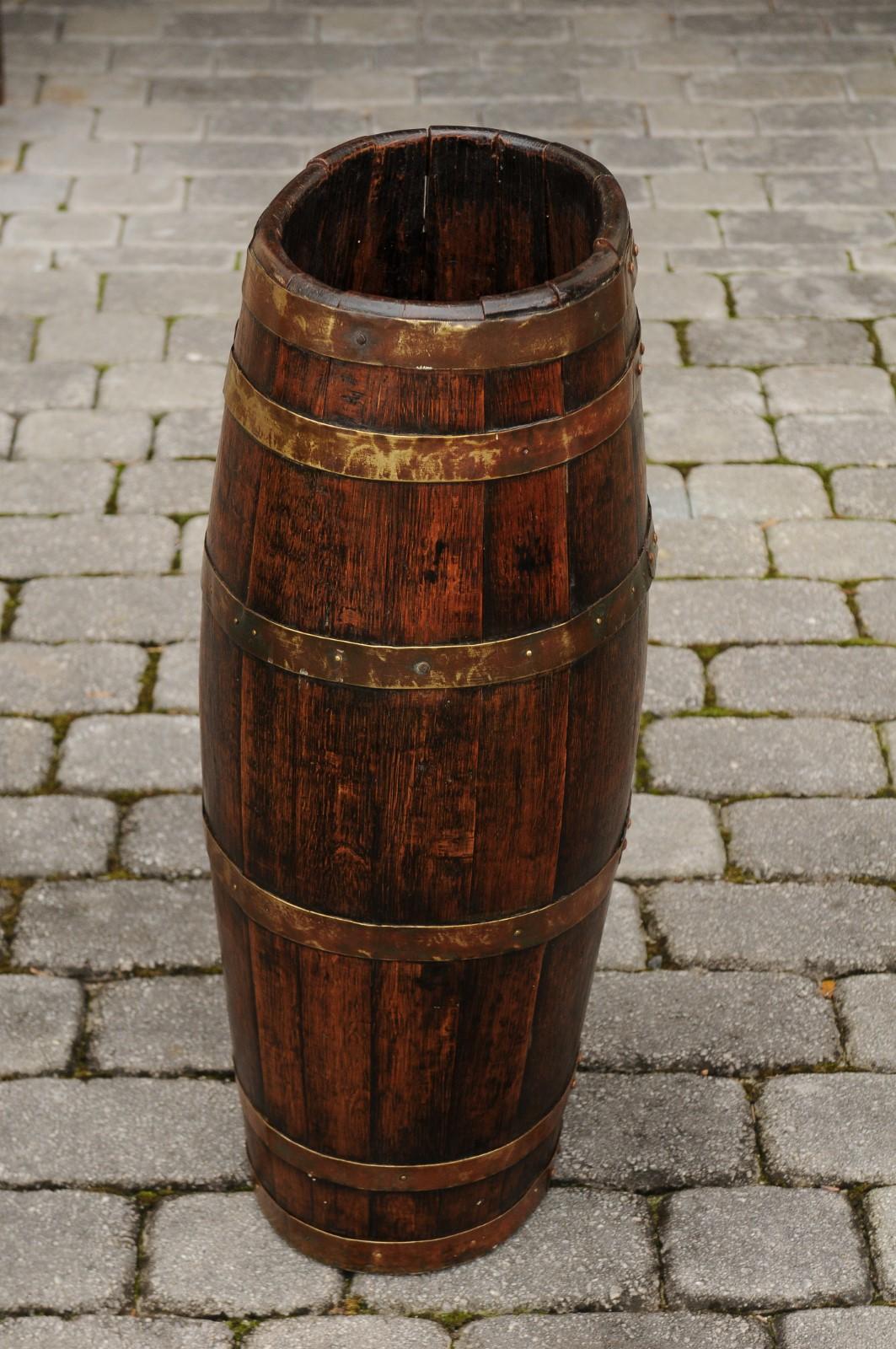 English Slender Rustic Oak Barrel with Brass Braces from the Turn of the Century 8