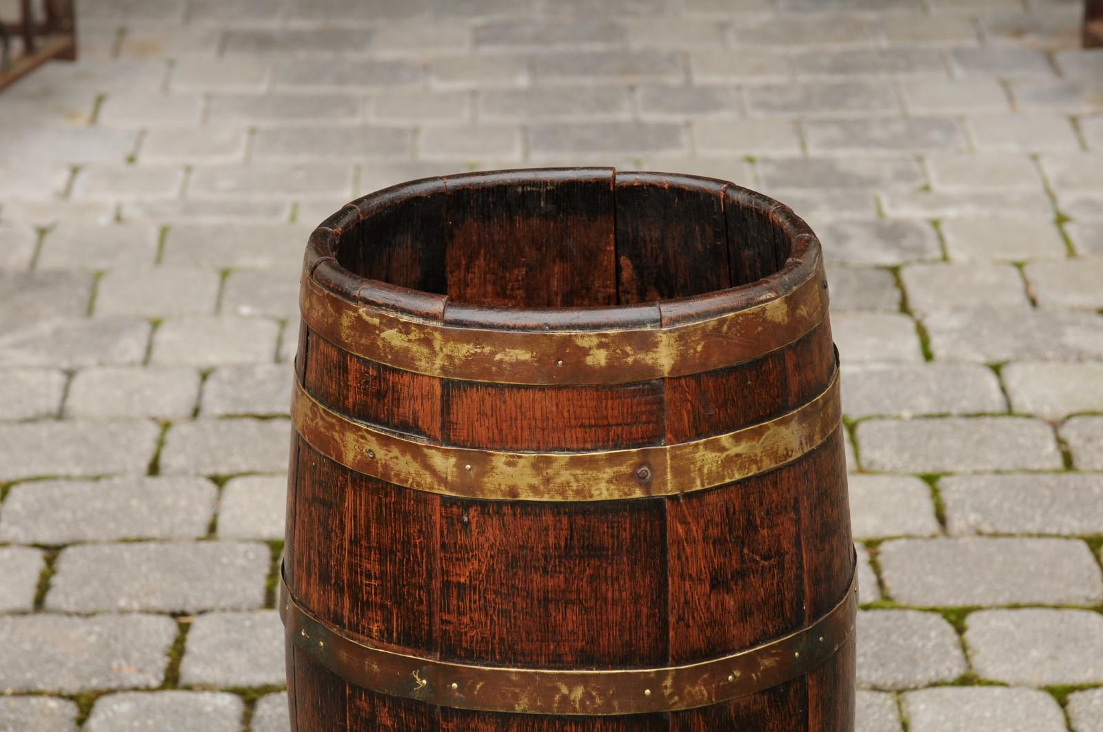 20th Century English Slender Rustic Oak Barrel with Brass Braces from the Turn of the Century