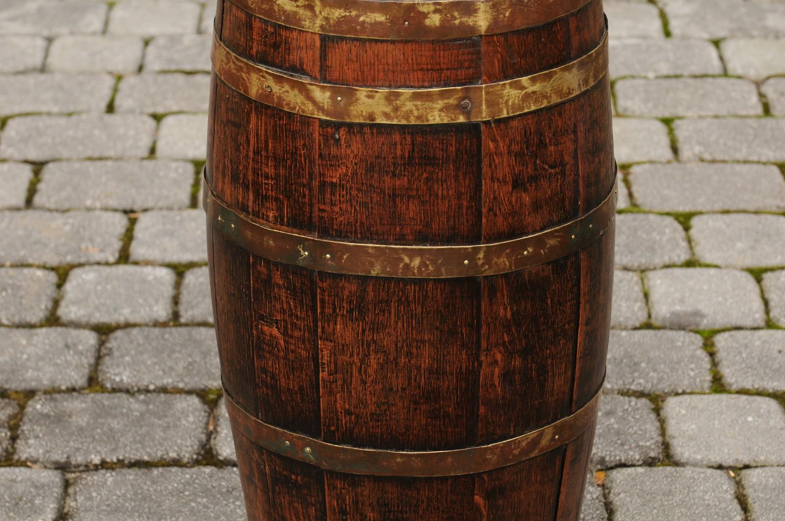 English Slender Rustic Oak Barrel with Brass Braces from the Turn of the Century 1