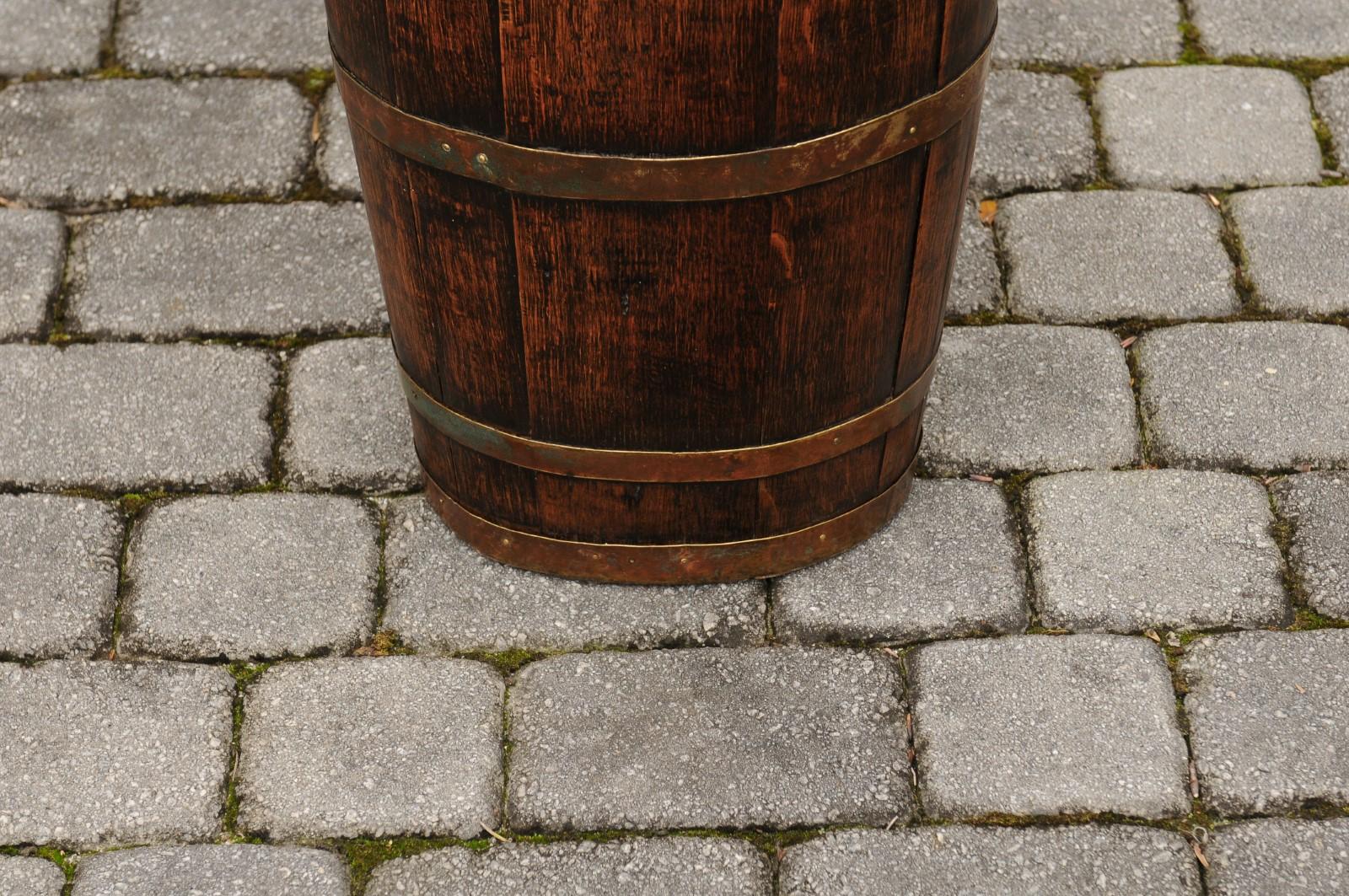 English Slender Rustic Oak Barrel with Brass Braces from the Turn of the Century 2