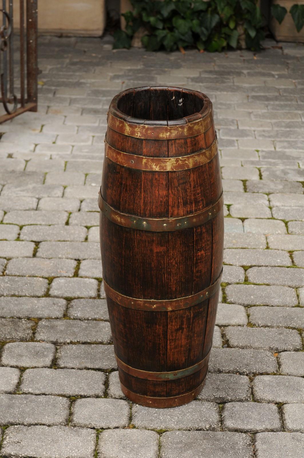 English Slender Rustic Oak Barrel with Brass Braces from the Turn of the Century 3
