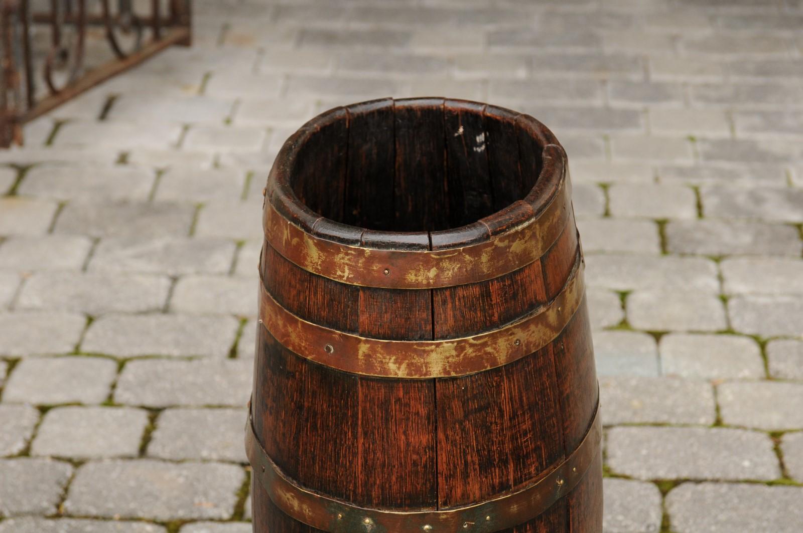 English Slender Rustic Oak Barrel with Brass Braces from the Turn of the Century 4
