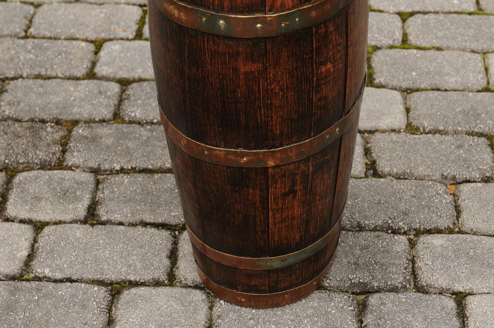 English Slender Rustic Oak Barrel with Brass Braces from the Turn of the Century 5