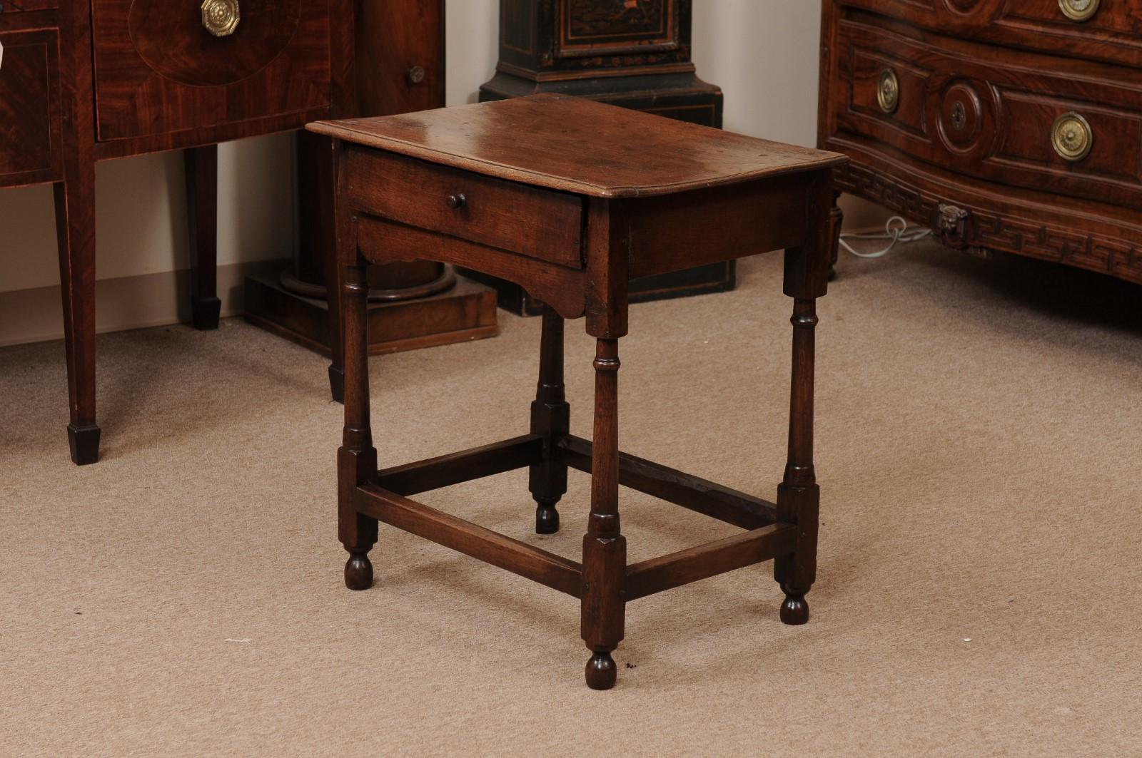 English Small 18th Century Oak Side Table with Drawer, Turned Legs 7