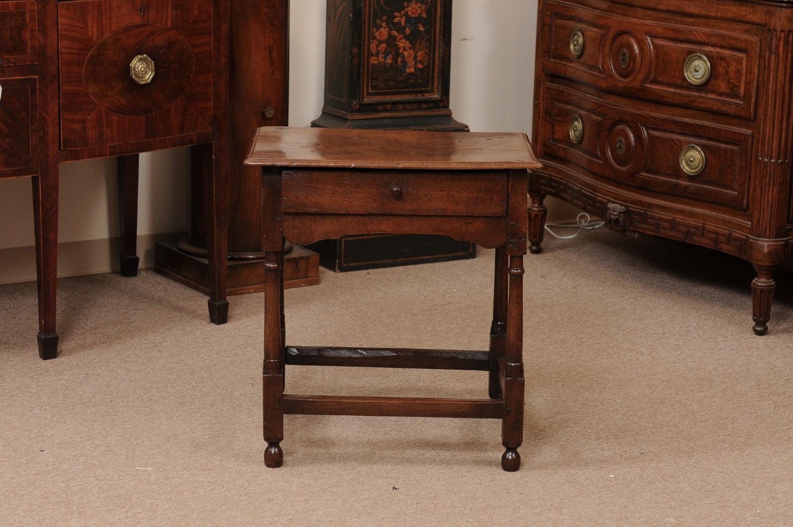 English Small 18th Century Oak Side Table with Drawer, Turned Legs 8