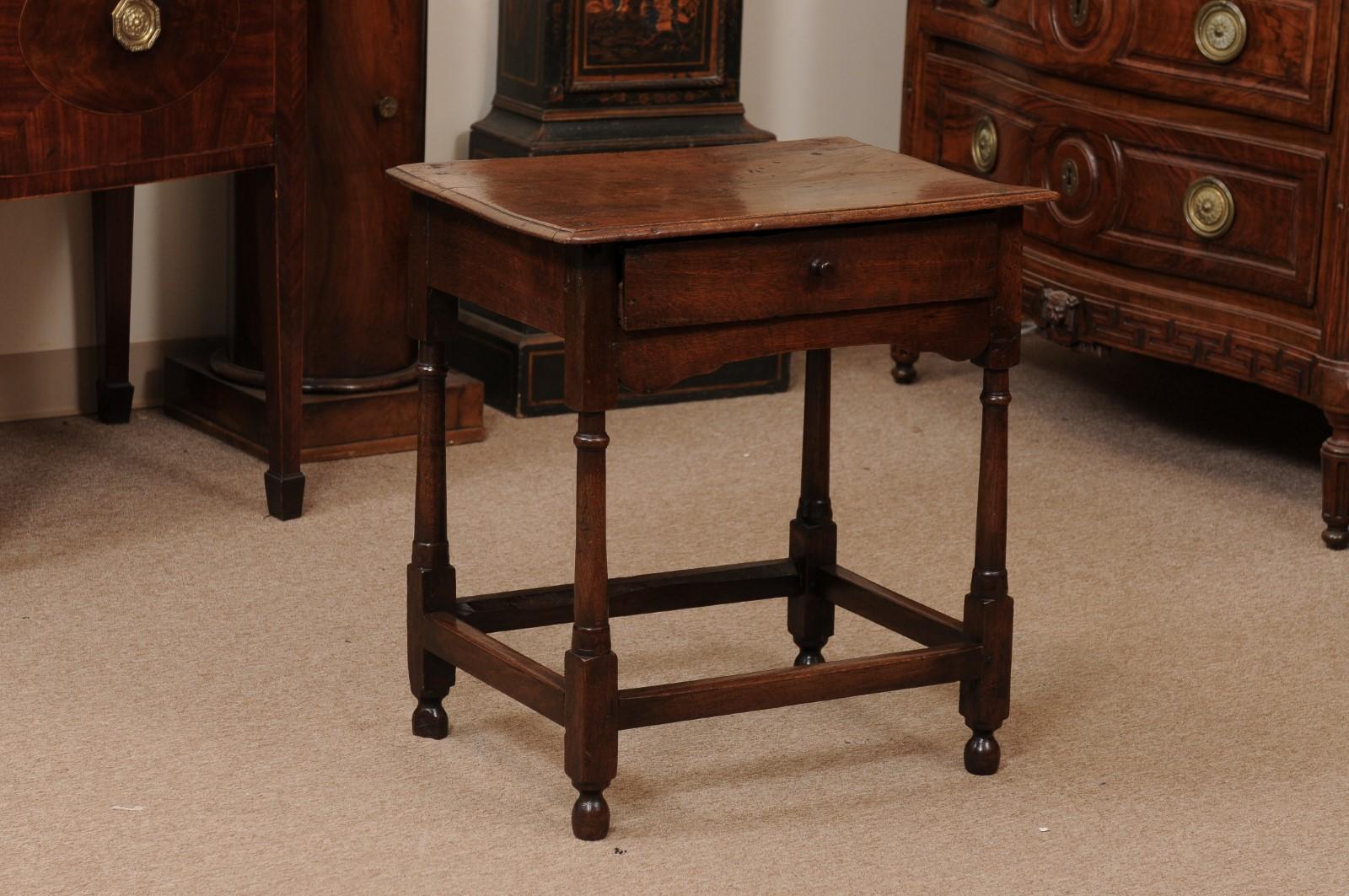 English Small 18th Century Oak Side Table with Drawer, Turned Legs Joined by Box Stretcher