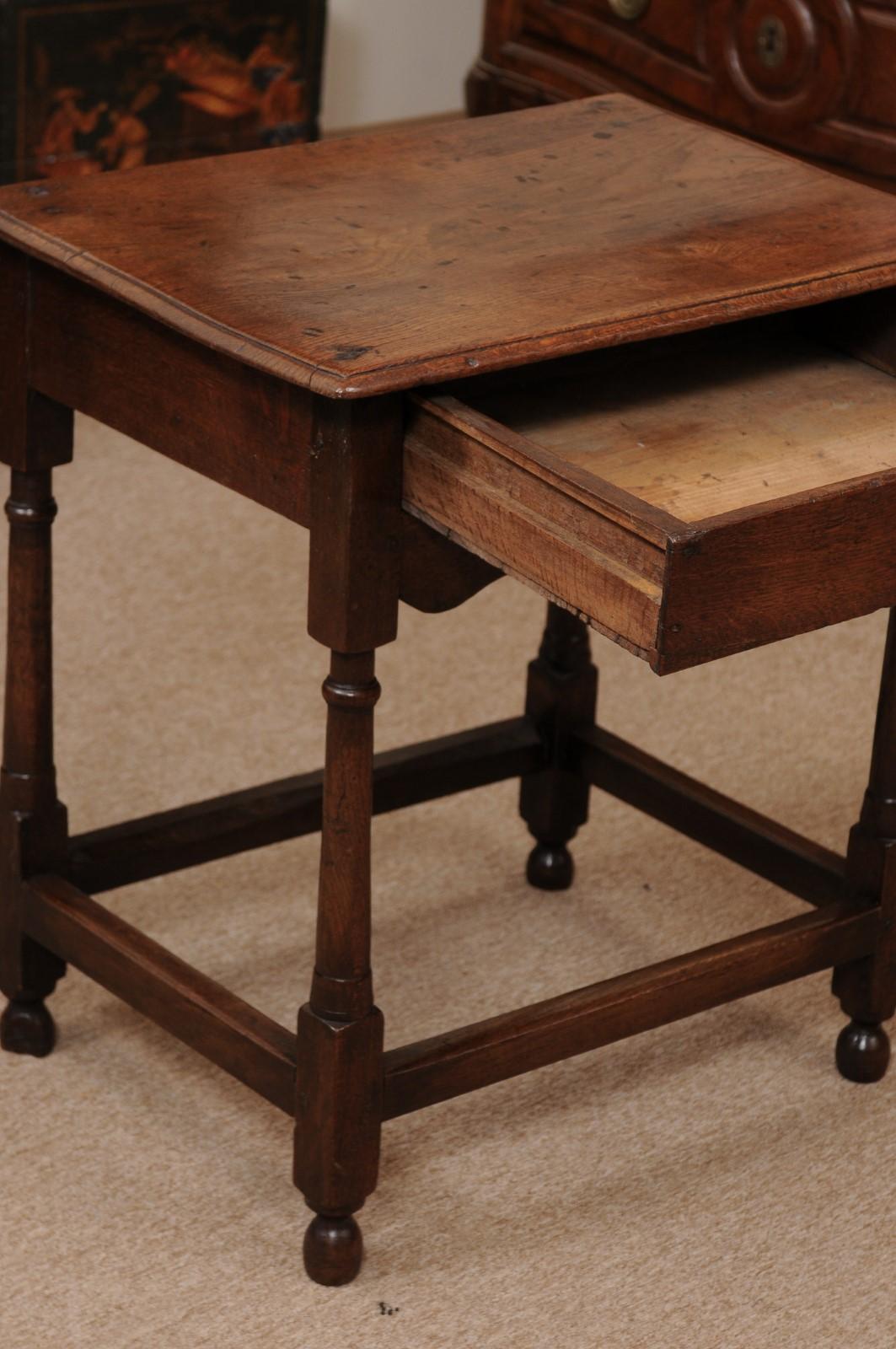 18th Century and Earlier English Small 18th Century Oak Side Table with Drawer, Turned Legs