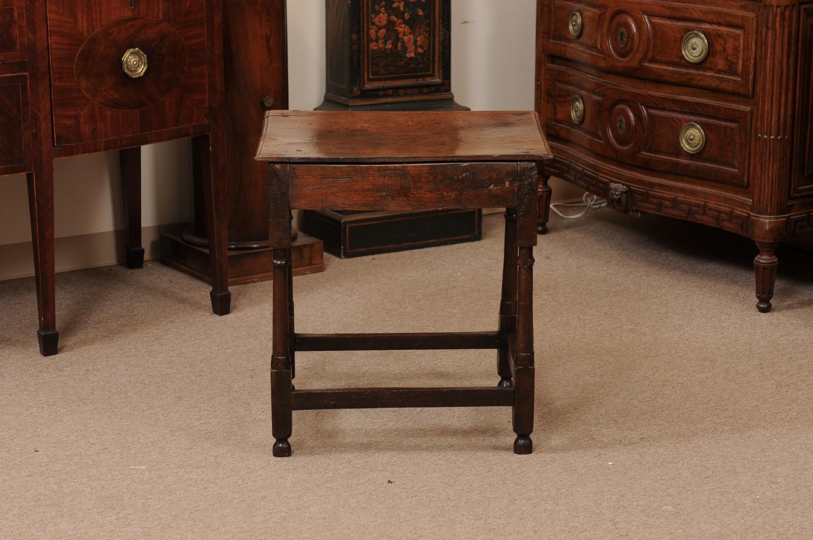 English Small 18th Century Oak Side Table with Drawer, Turned Legs 4