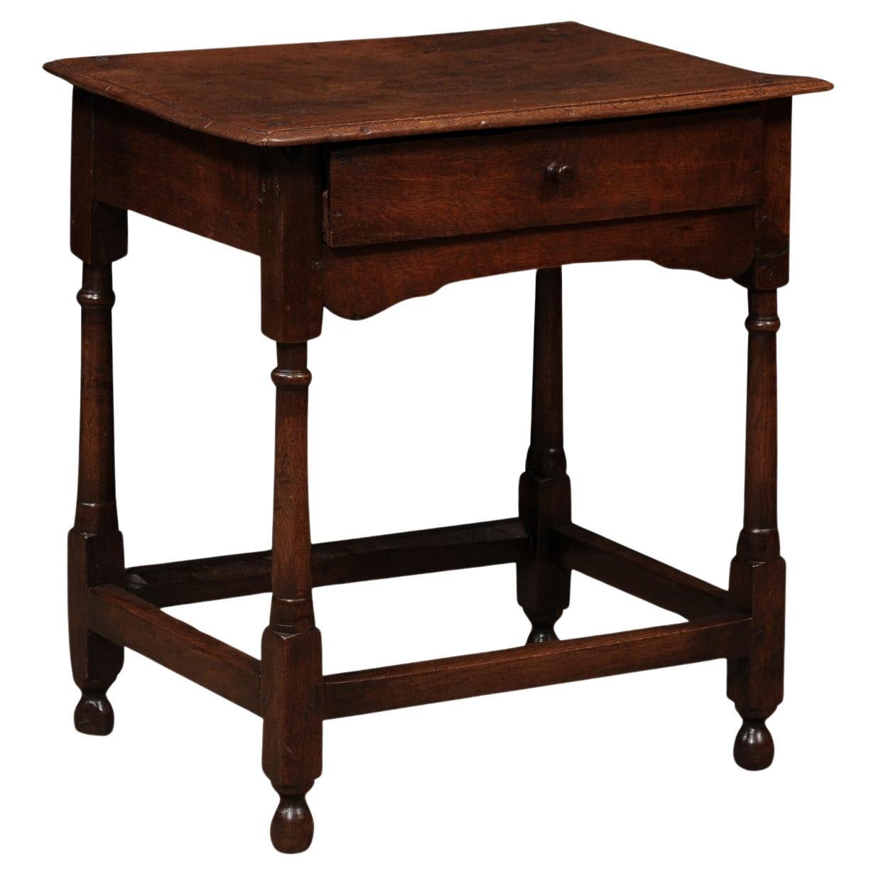 English Small 18th Century Oak Side Table with Drawer, Turned Legs