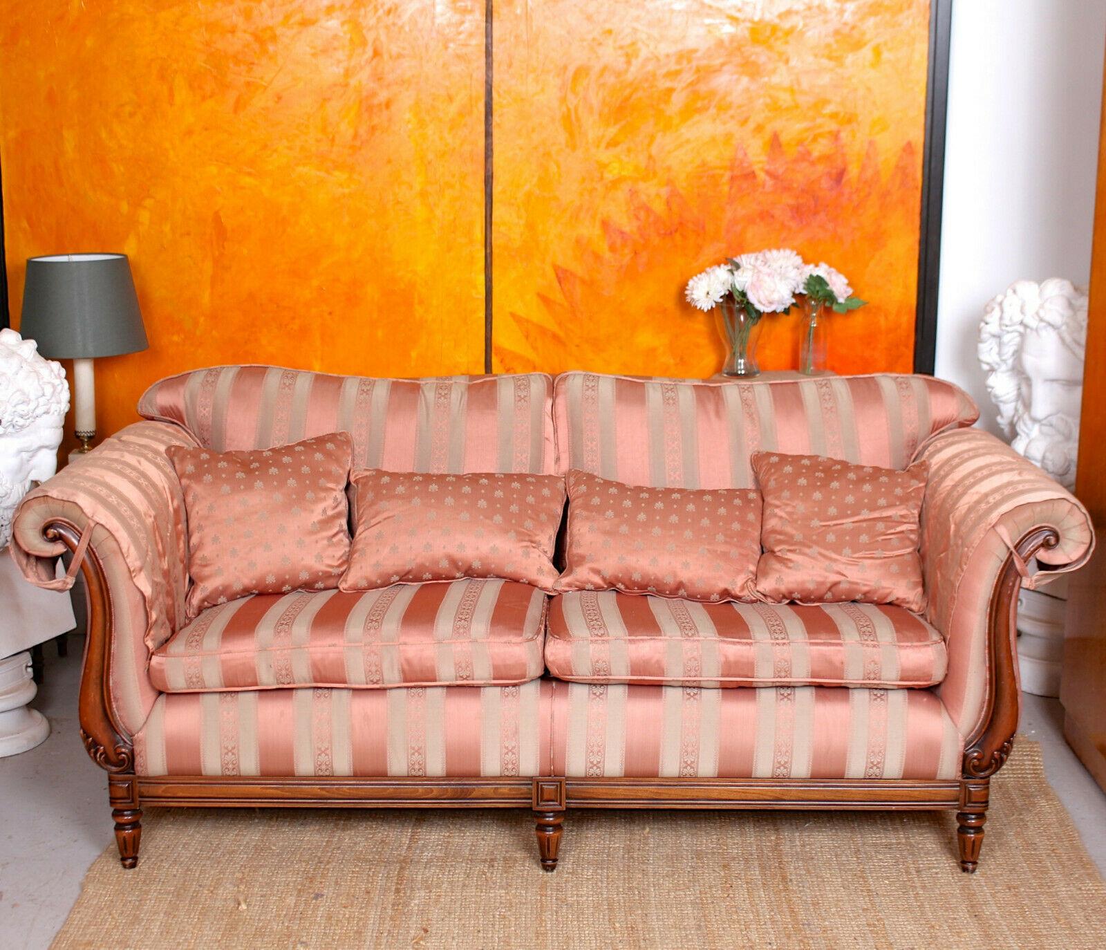 20th Century English Sofa 3-Seat Carved Mahogany Couch For Sale