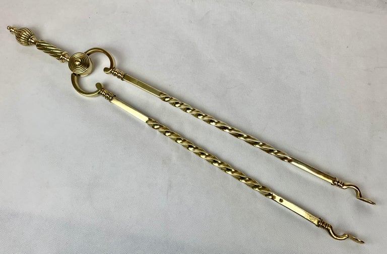 Polished Solid Brass Antique Fireplace Tongs-England, 19th c. For Sale