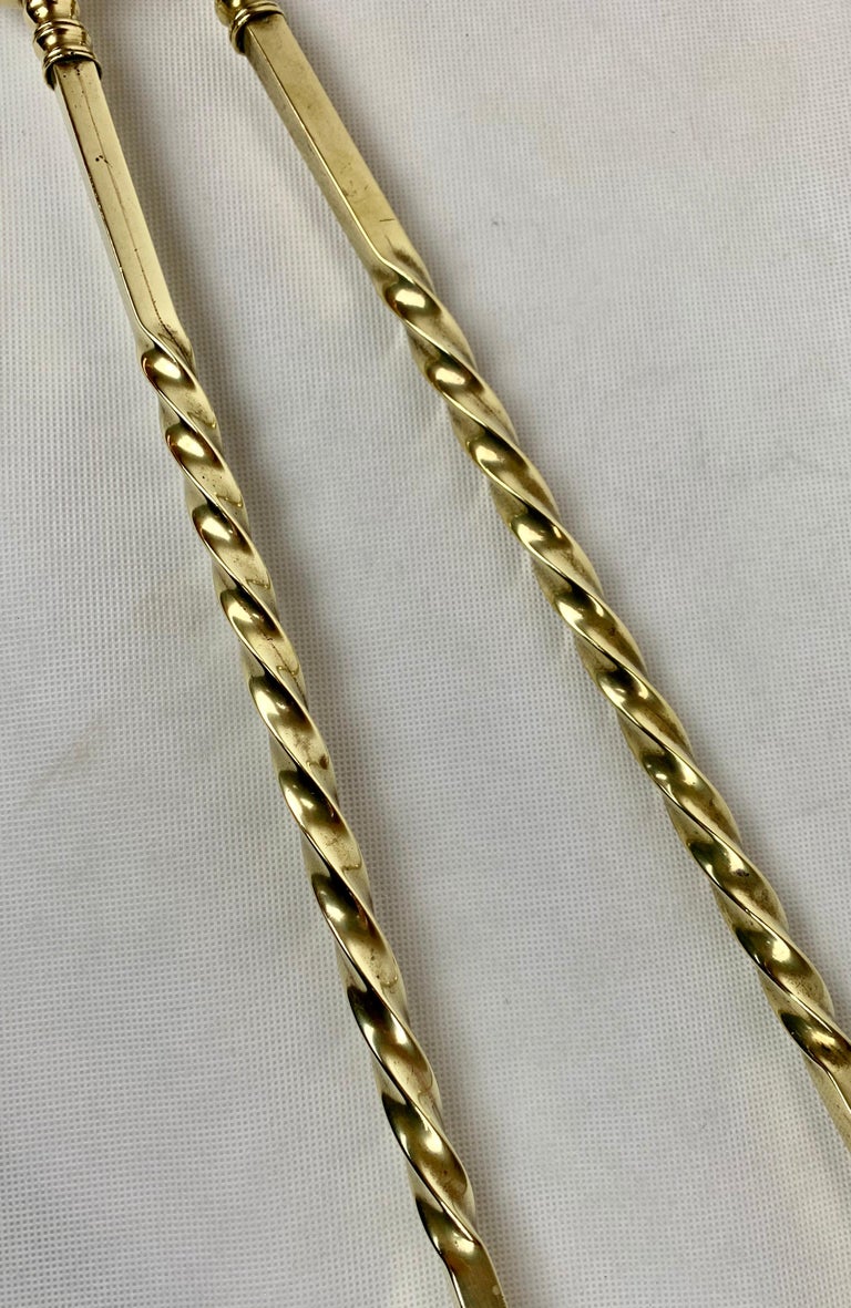 Solid Brass Antique Fireplace Tongs-England, 19th c. In Good Condition For Sale In West Palm Beach, FL