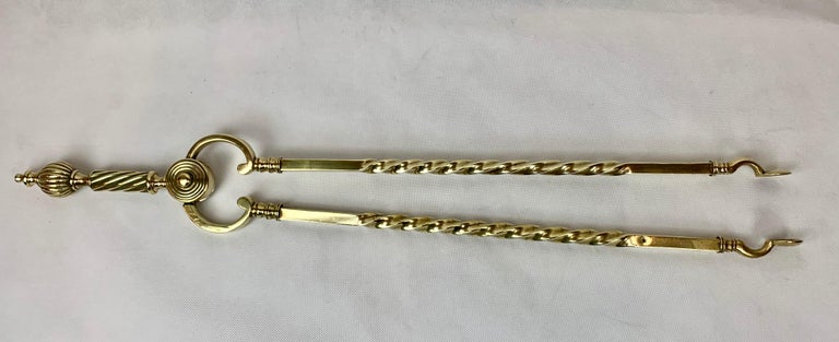 Mid-19th Century Solid Brass Antique Fireplace Tongs-England, 19th c. For Sale