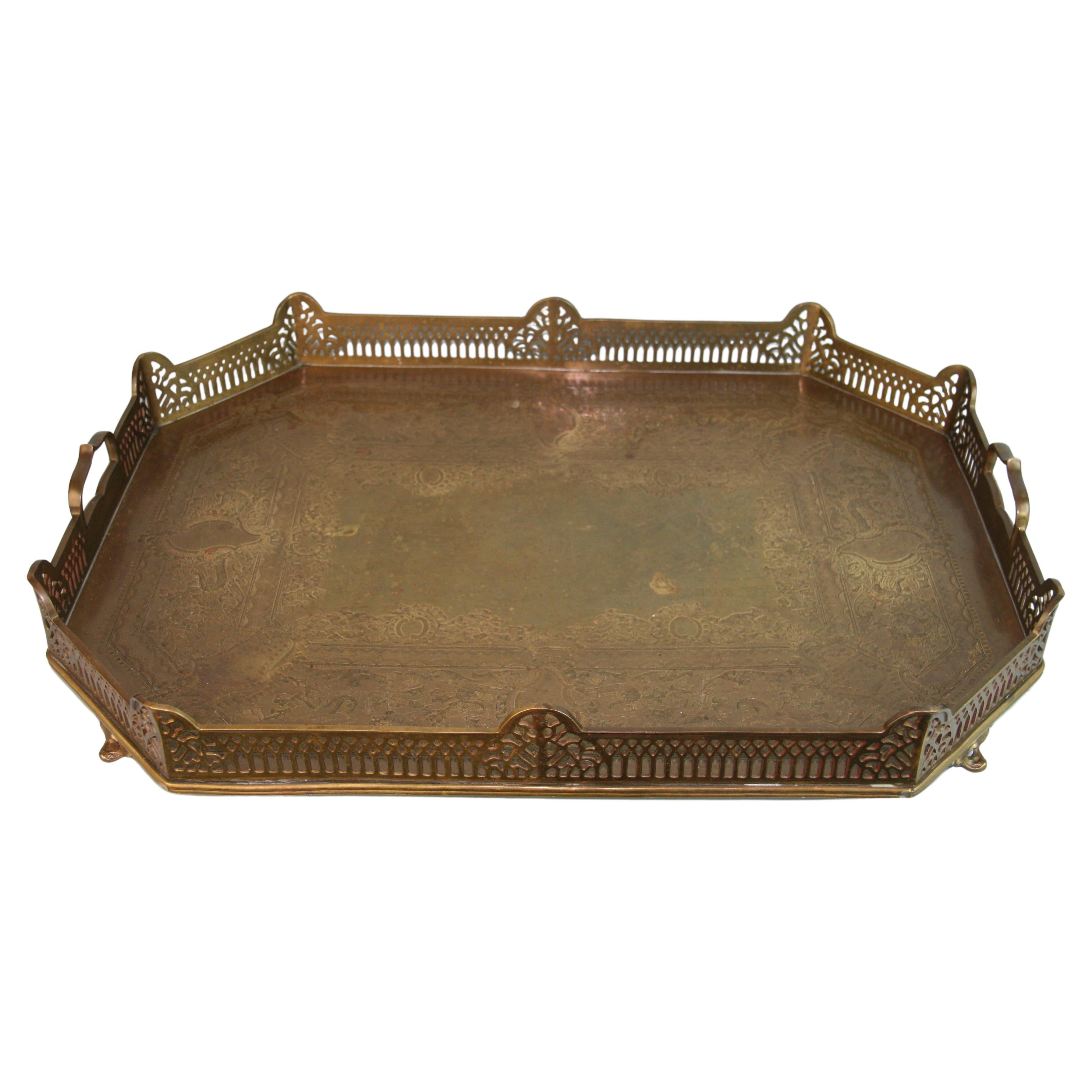 English Solid Brass Large Rimmed Bar Tray