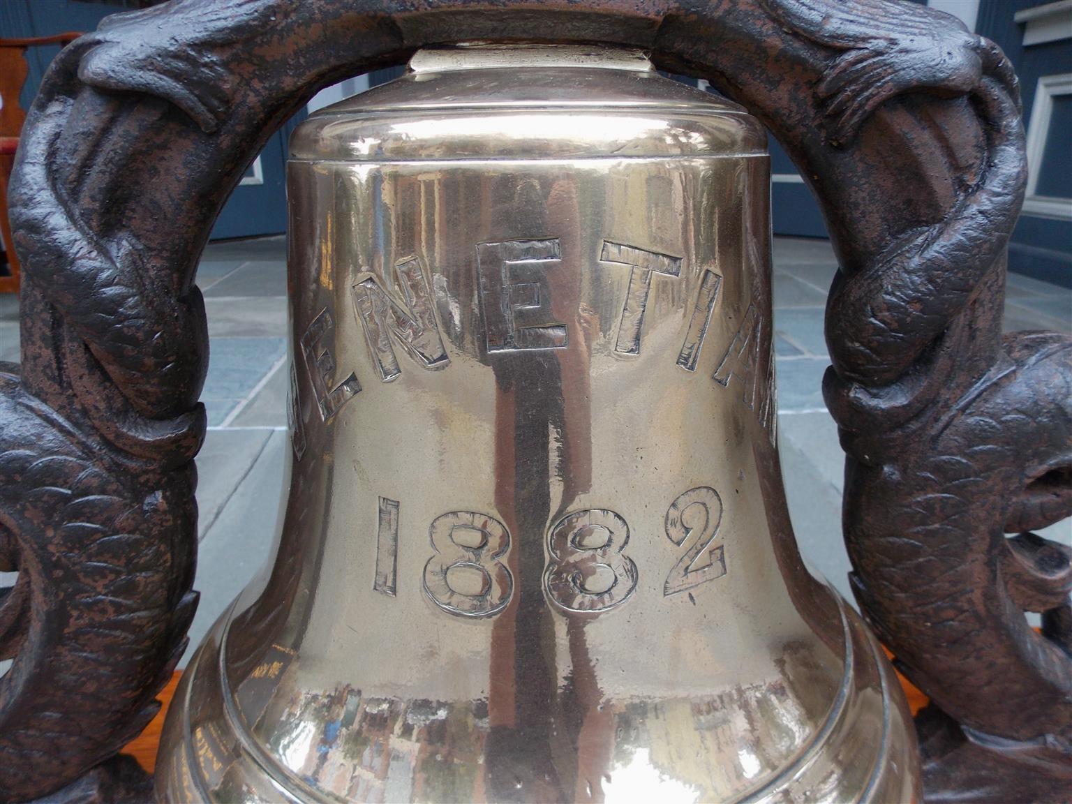 English Solid Brass Ship's Bell Mounted on Dolphin Yoke, “S.S. Venetian” C. 1882 1