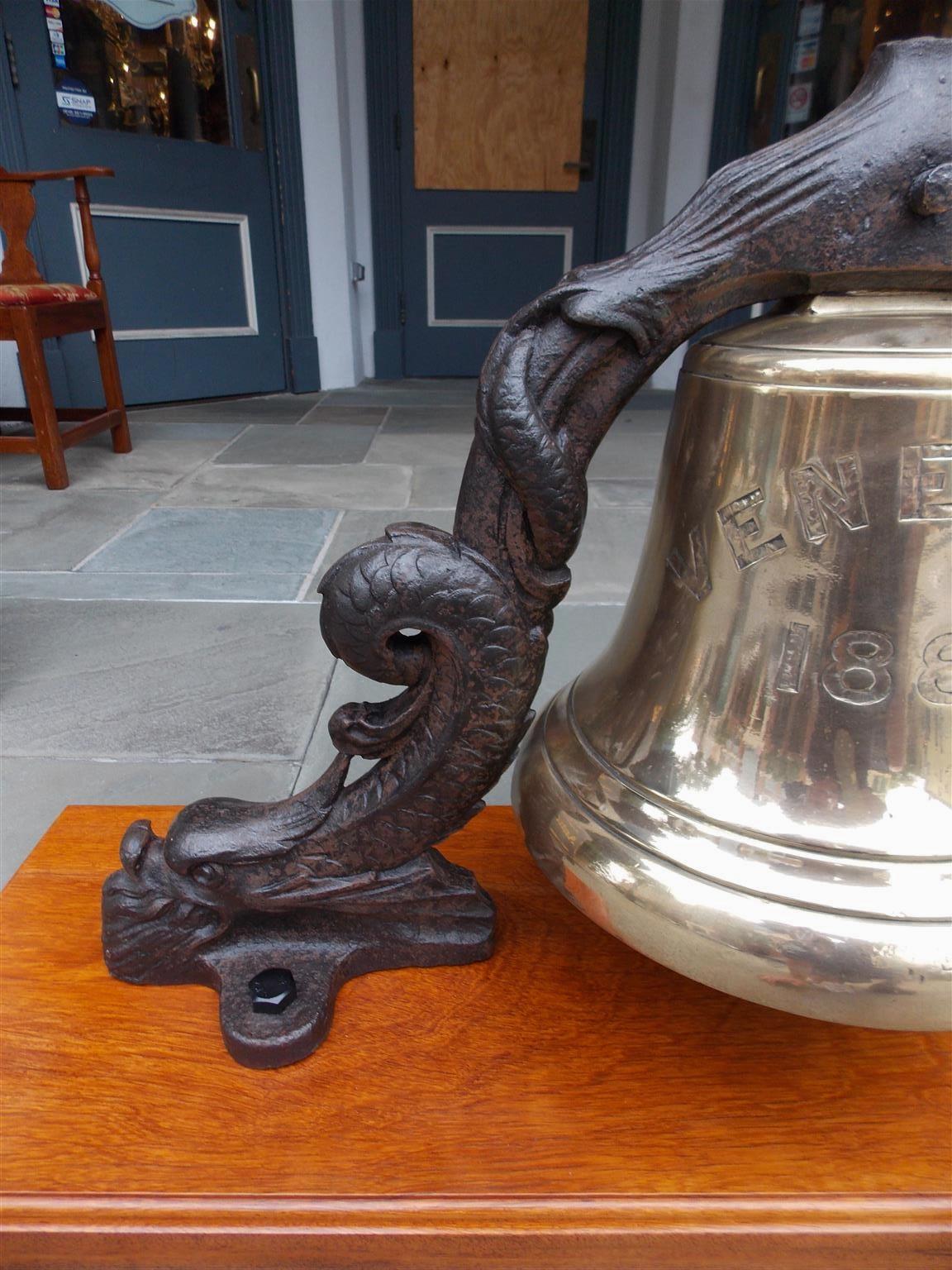 English Solid Brass Ship's Bell Mounted on Dolphin Yoke, “S.S. Venetian” C. 1882 2