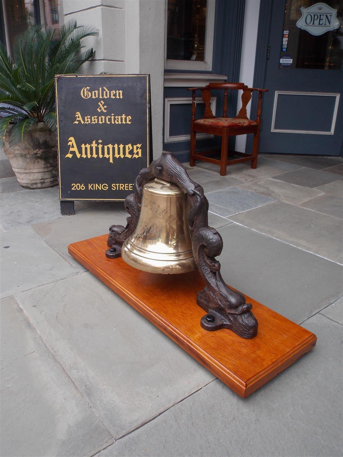Victorian English Solid Brass Ship's Bell Mounted on Dolphin Yoke, “S.S. Venetian” C. 1882