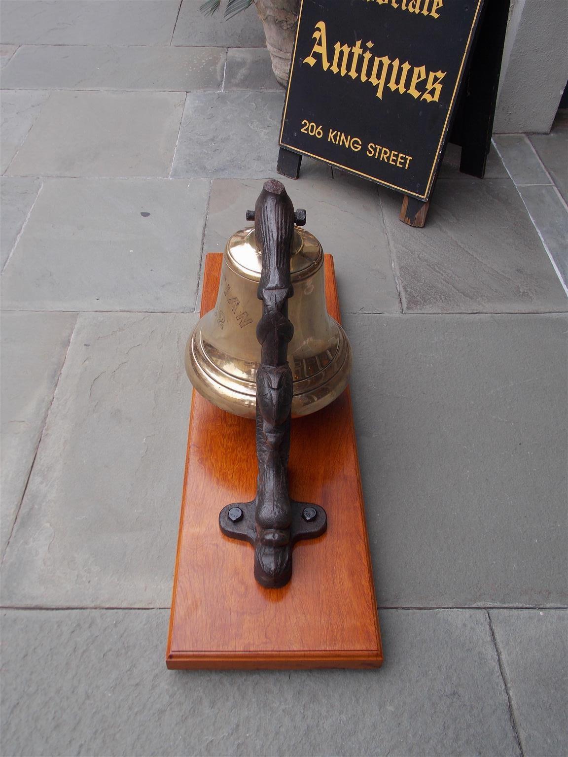 Cast English Solid Brass Ship's Bell Mounted on Dolphin Yoke, “S.S. Venetian” C. 1882