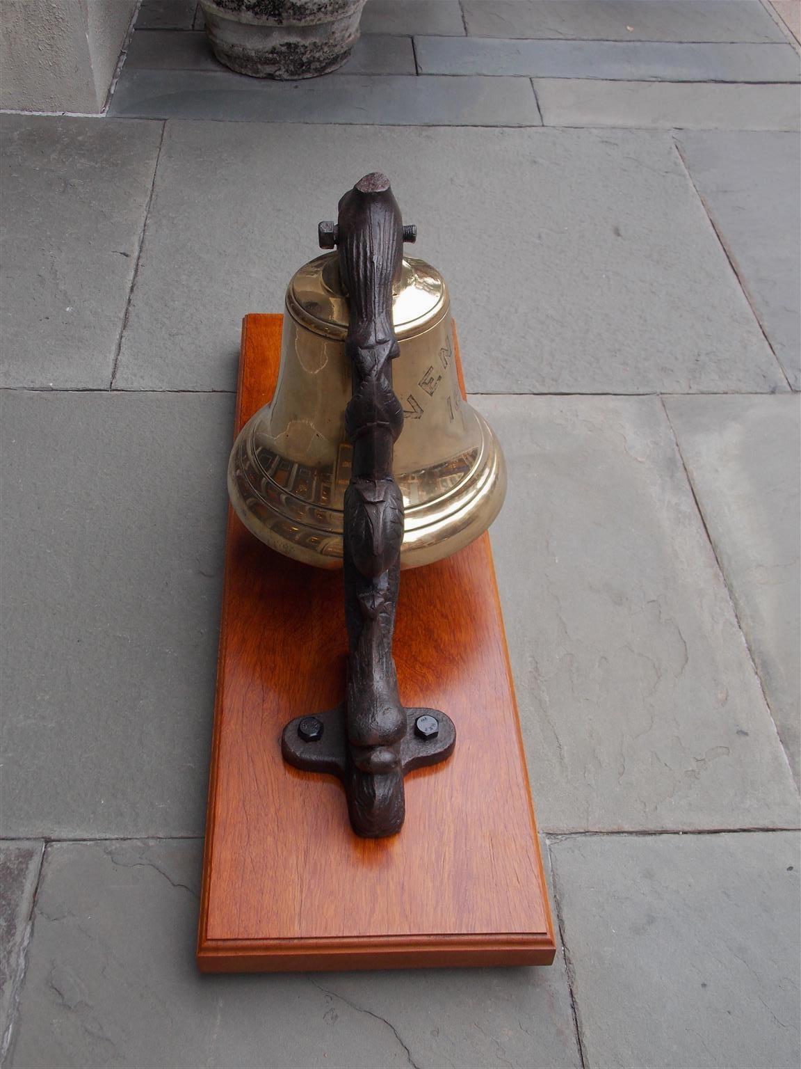 English Solid Brass Ship's Bell Mounted on Dolphin Yoke, “S.S. Venetian” C. 1882 In Excellent Condition In Hollywood, SC