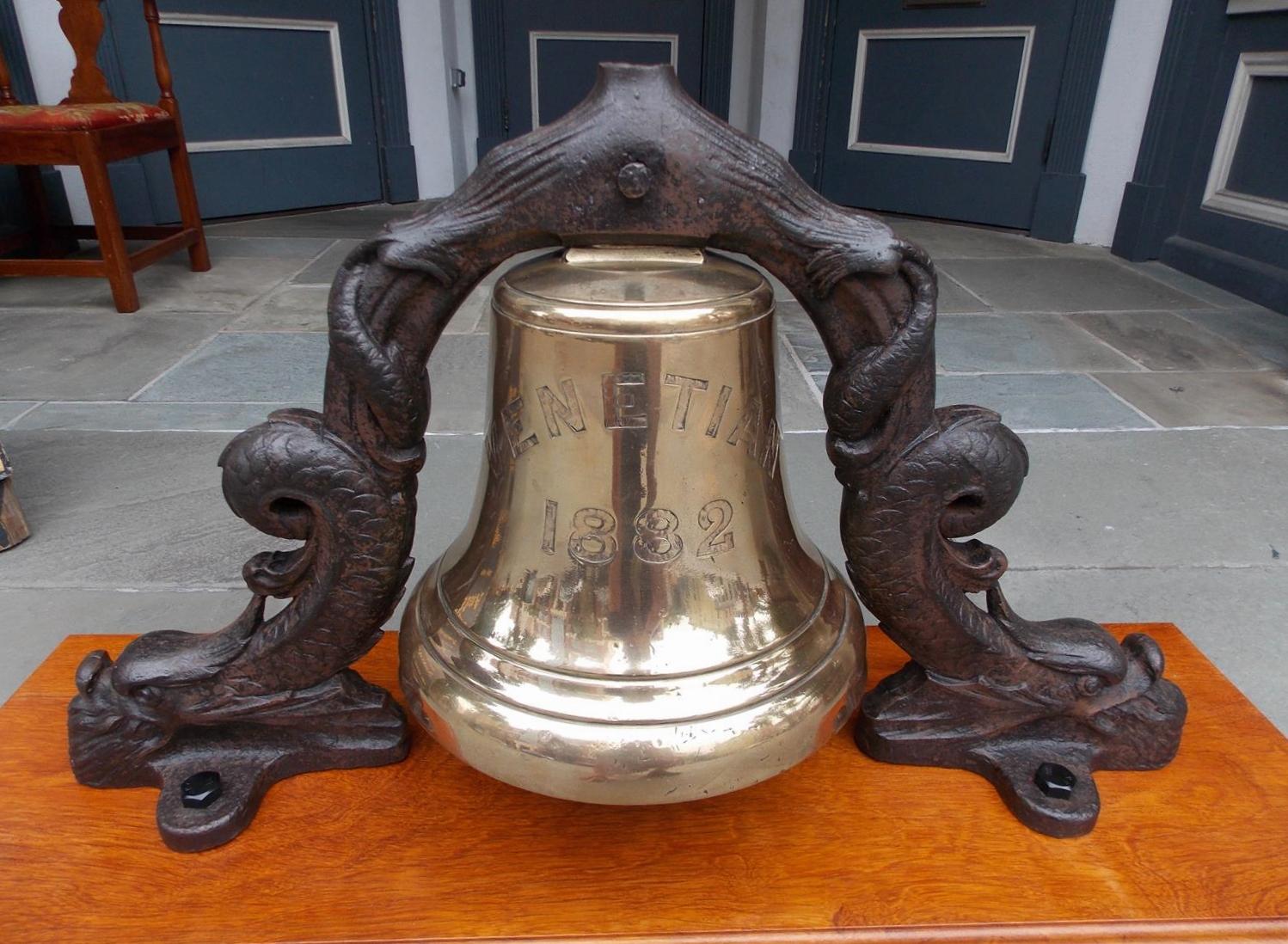 Late 19th Century English Solid Brass Ship's Bell Mounted on Dolphin Yoke, “S.S. Venetian” C. 1882